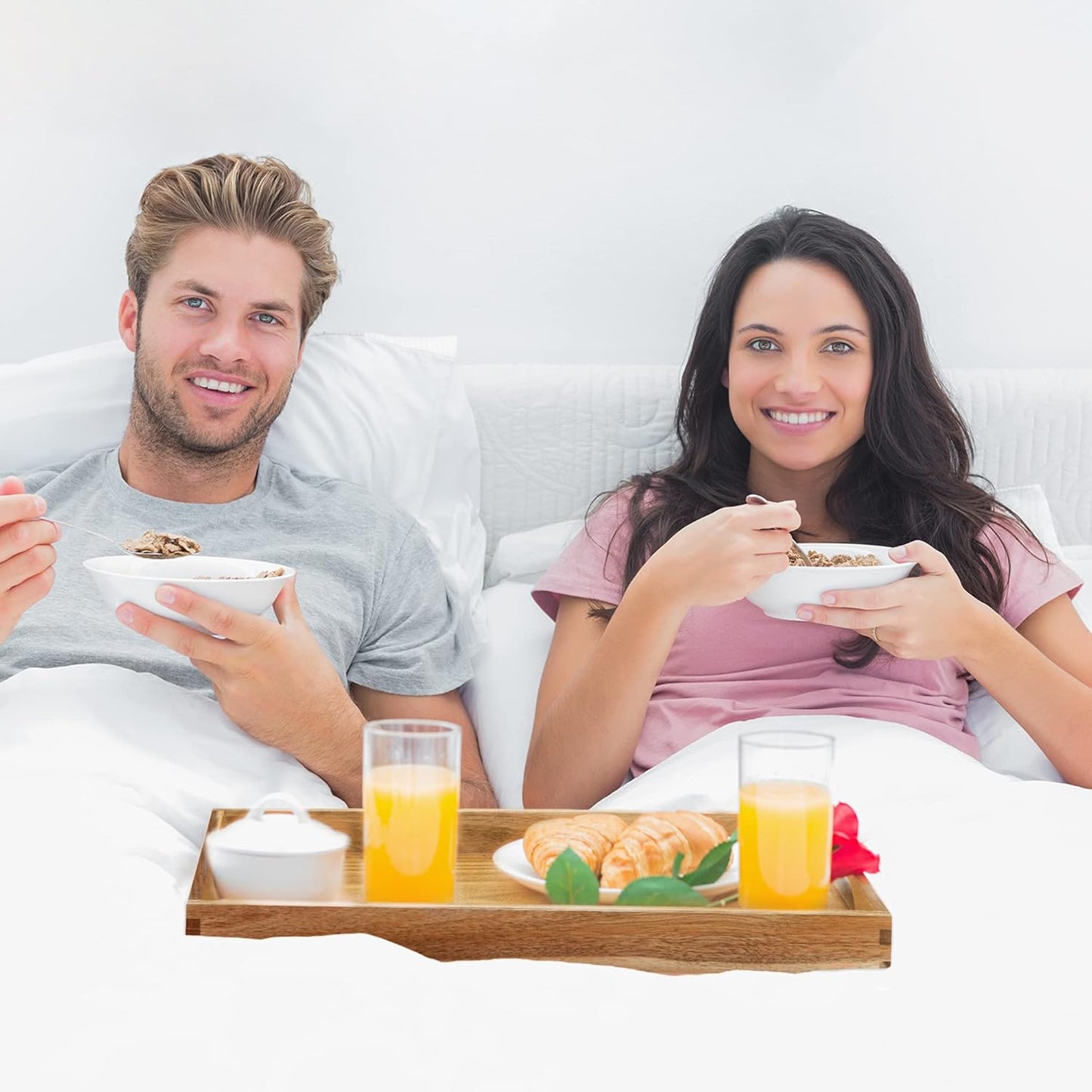 Acacia Wood Serving Tray with Handles (Set of 2)- 17-Inch Decorative Wooden Tray - Perfect for Breakfast, Lunch, Dinner, Ottoman, Coffee Table - Living Room and Couch Tray