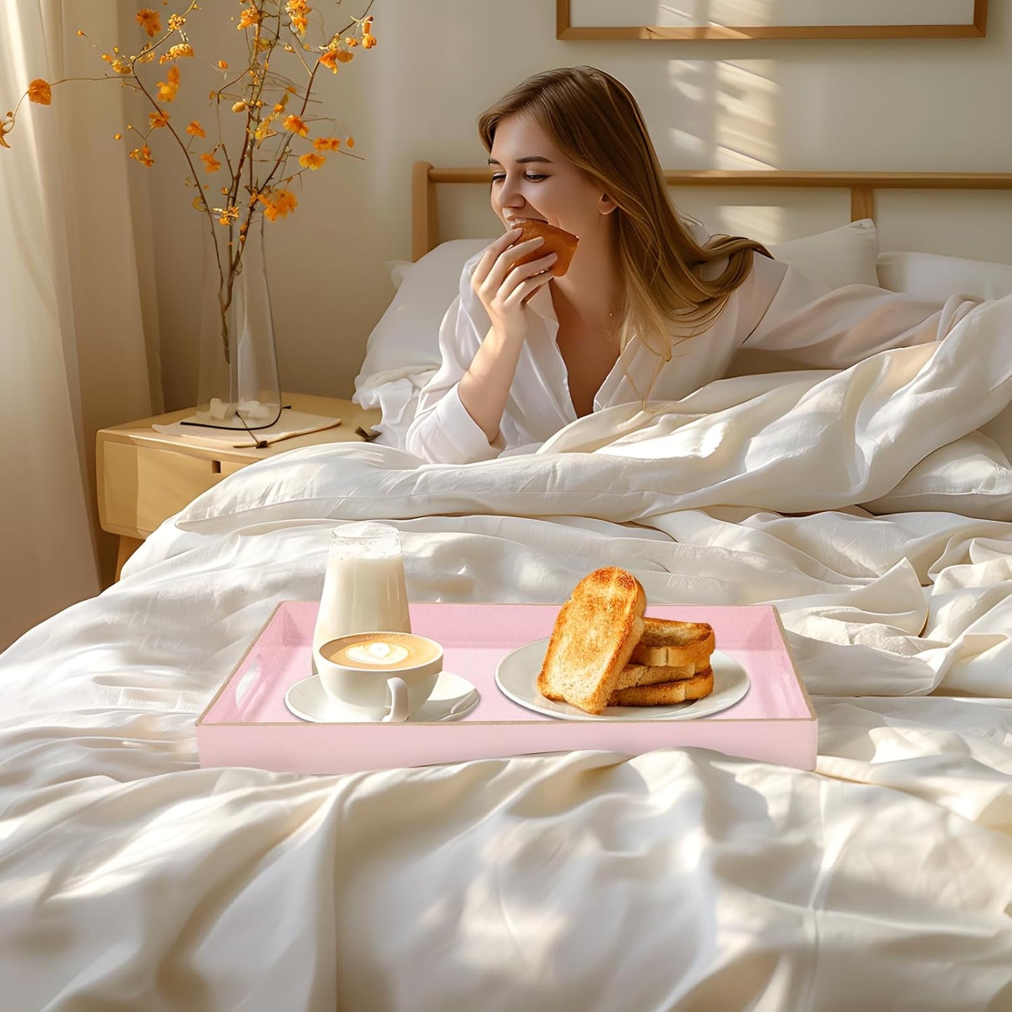 MAONAME Pink Serving Tray with Handles, Modern Decorative Tray for Coffee Table, Plastic Rectangular Tray for Ottoman, Bathroom, Decor, 15.8” x 10.2” x1.4