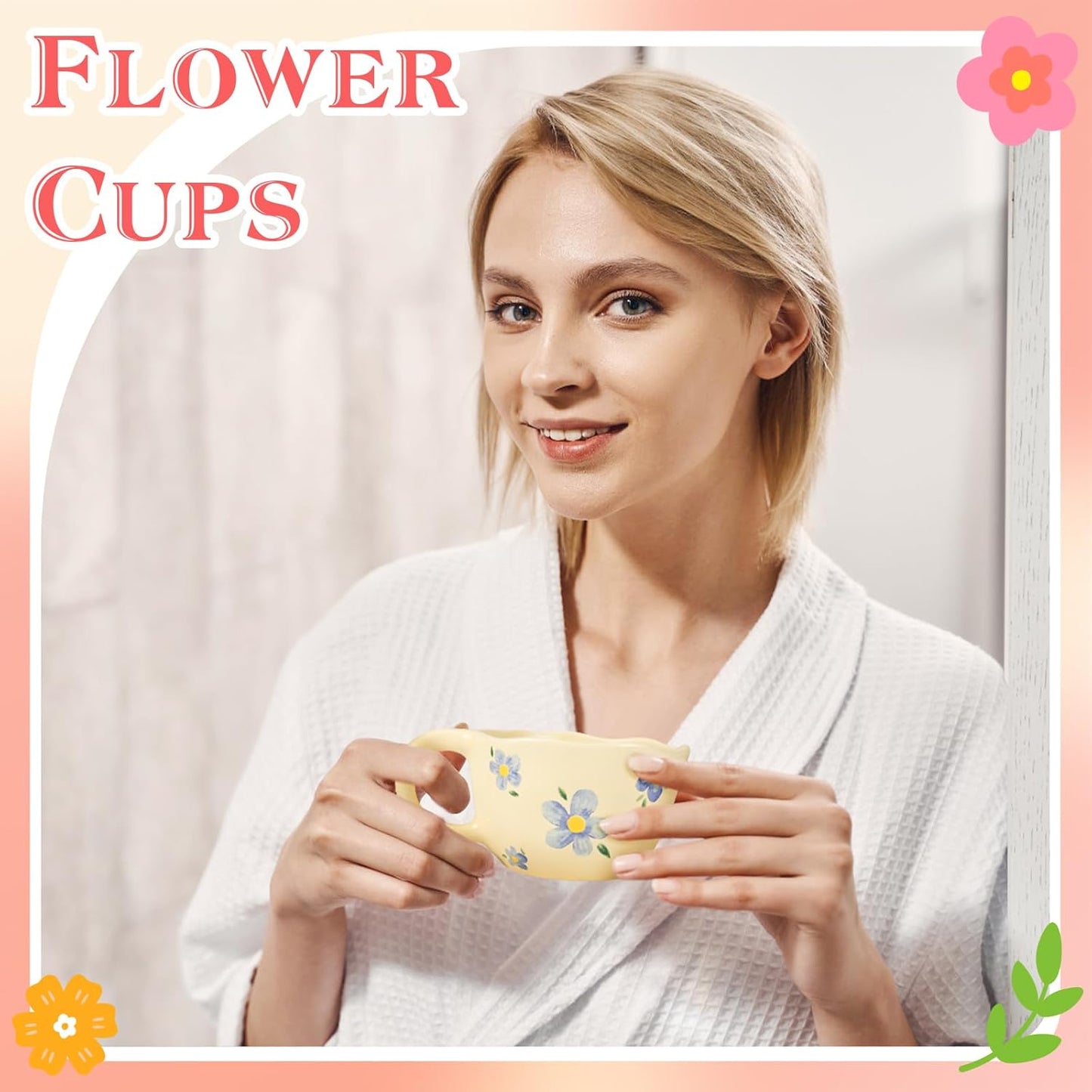 Ceramic Coffee Mug Set of 2 Vintage Flower Mugs 8 oz Cute Floral Coffee Mugs Irregular Latte Art Cup Lead-free Porcelain Cups for Cappuccino, Cocoa (2 Blue Flower)