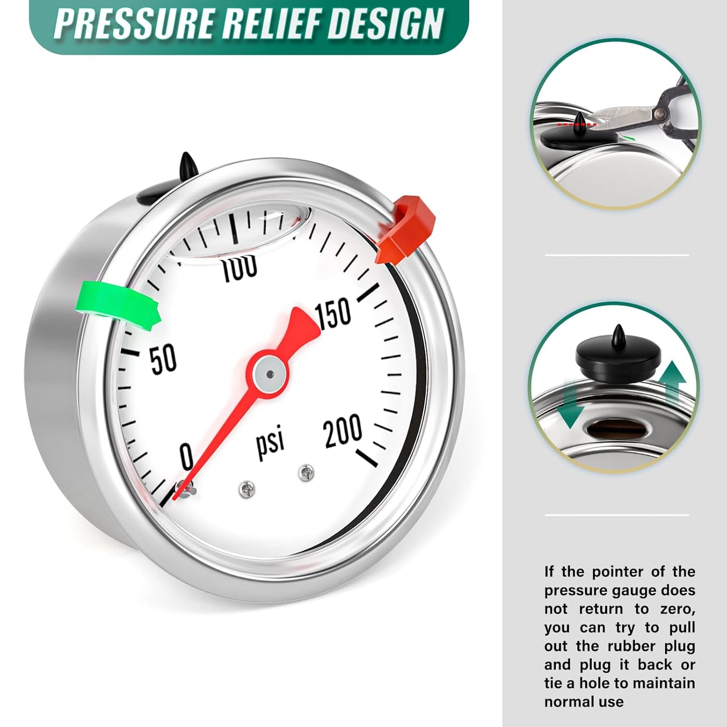 0-200psi Stainless Steel Glycerin Liquid Filled Pressure Gauge 1/8" NPT 1.5" Face Dial, Center Back Mount, for Water, Oil and Air Pressure Testing (with Range Mark Pointer)