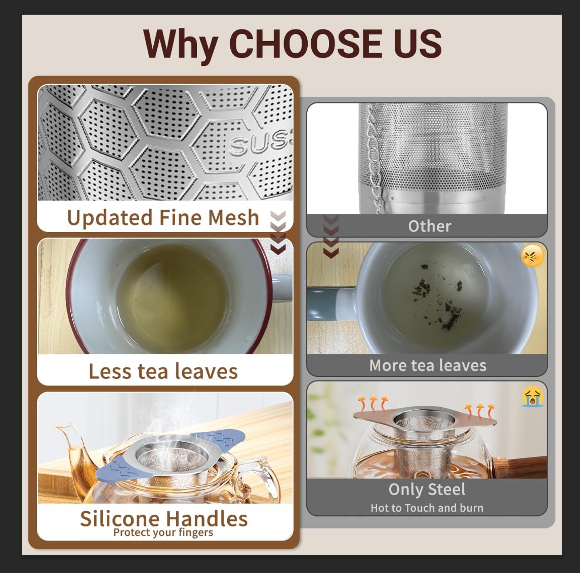 Tea Infuser for Loose Leaf Tea,Stainless Steel Tea Infuser with Heat Proof Silicone Handles,Extra Fine Mesh Tea Strainers Filter Fine Tea Leaves Effectively,Fits TeaPots/Mugs