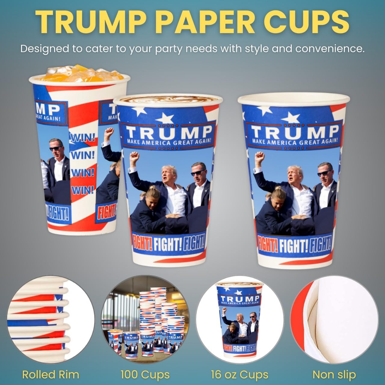 Smygoods Trump Design Disposable Paper Coffee Cups (16 OZ, 100 Count) For Hot Beverages, Tea, Espresso, Cocoa - To Go Drink Containers, Café & Office