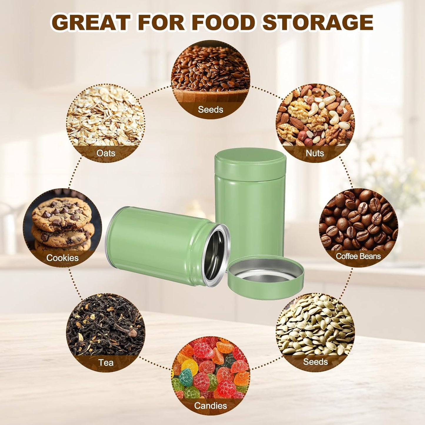 uxcell 2Pcs Round Tea Canisters, 5" x 3" Airtight Metal Tea Containers for Loose Tea, Coffee Beans, Spices - Durable, Compact, and Stylish Storage Tea Tin(Silver Green)