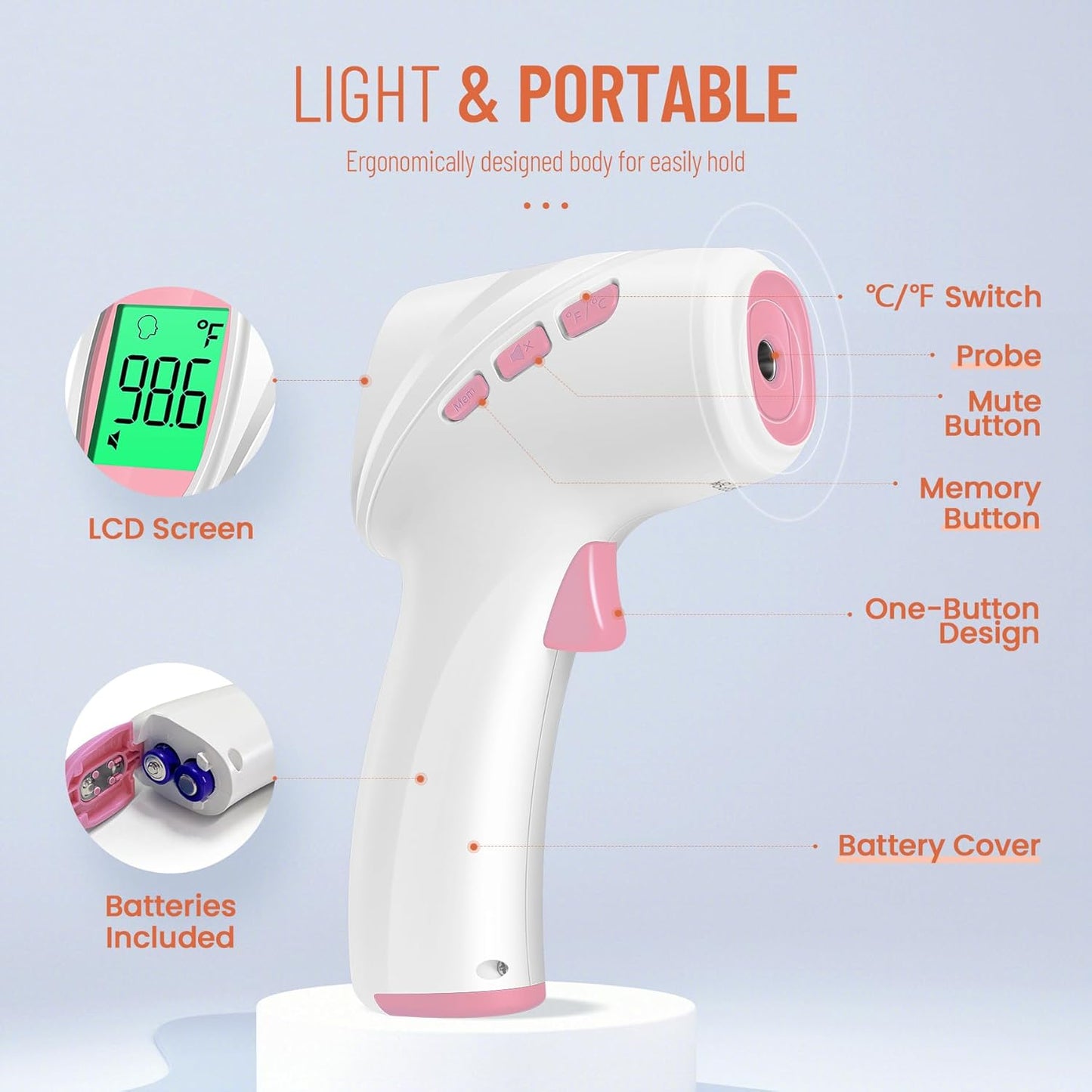 Forehead Thermometer for Adults, Kids & Babies, No-Touch Digital Thermometer with LCD Backlight Display, FSA HSA Eligible, Fever Alarm and 1s Instant Reading - Pink