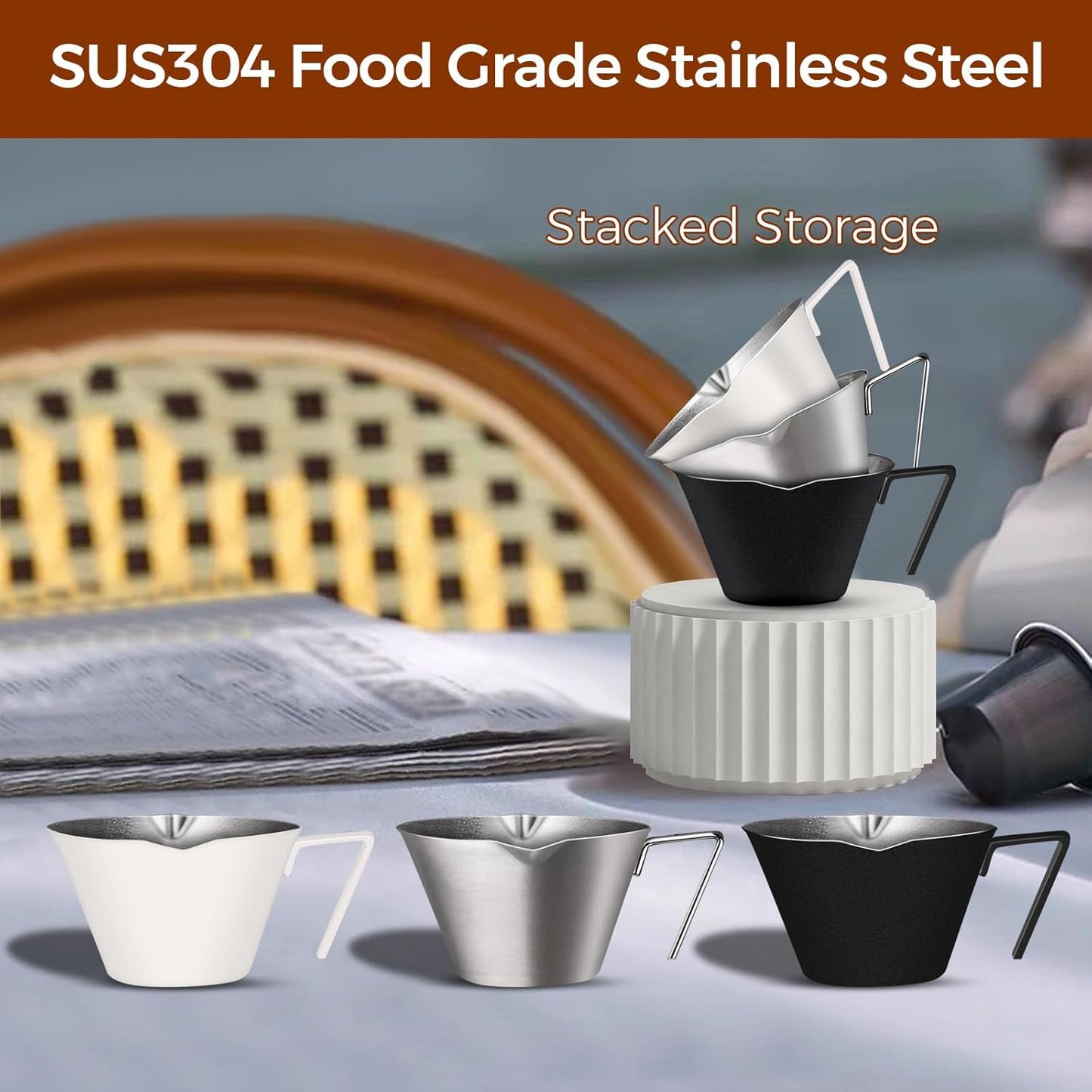 2 Pcs Espresso Cups with Handle, Stainless Steel Espresso Accessories, Double Spout Metal Measuring Cup with Dual Scale, Espresso Shot Cup with V-Shaped Mouth, 3.4OZ/100ML(Silver)