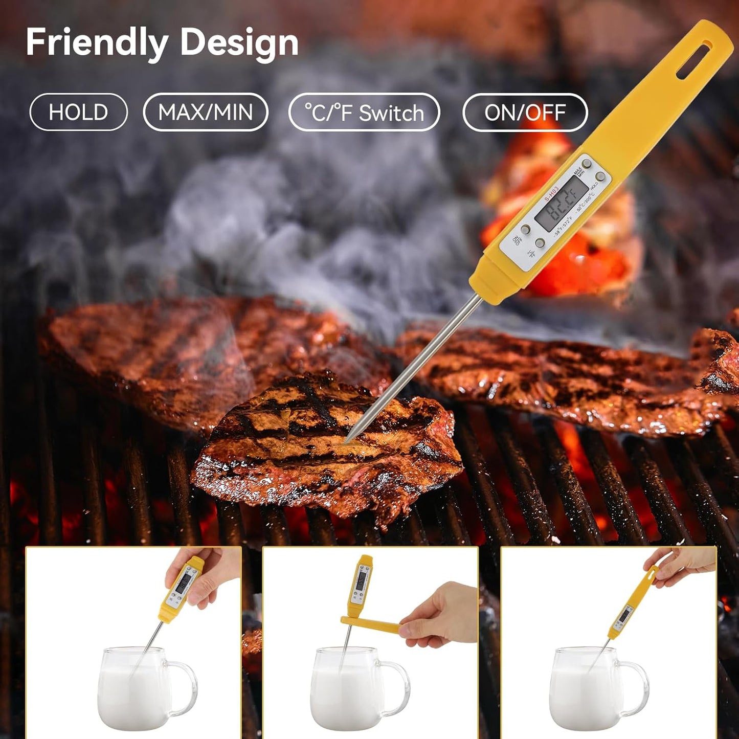 Akozon Digital Food Thermometer Automatic Calibration Pen High Accuracy Electronic Pocket Thermometer Yellow Home and Family Appliance and Decor