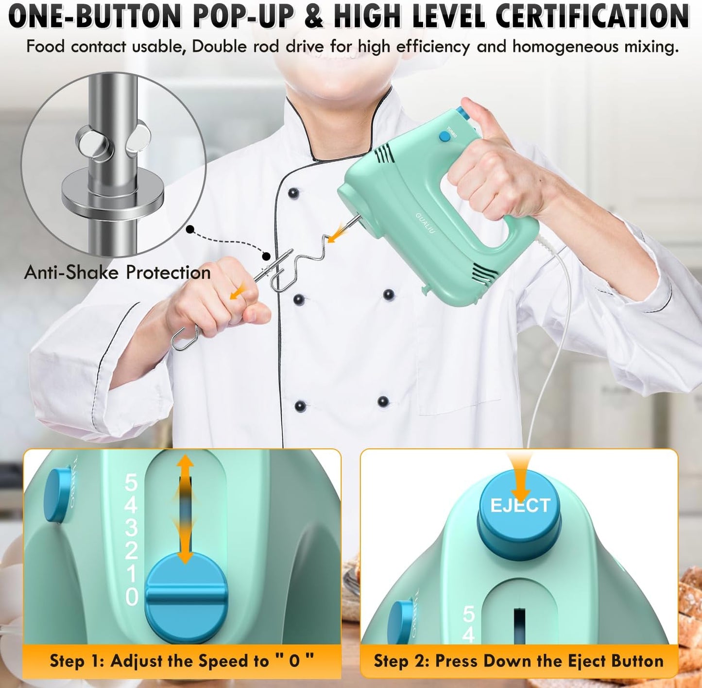 Electric Hand Mixer with Stainless Steel Whisk, Dough Hook Attachment and Storage Bag, Handheld Mixer for Baking Cakes, Eggs, Cream Food Mixers. Turbo Boost /5 Speed Kitchen Blender GREEN