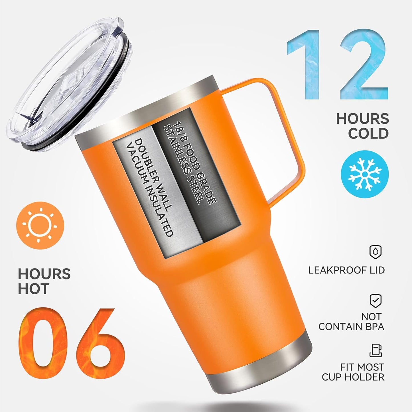 30 oz Tumbler with Handle and Lid, Stainless Steel Tumblers Double Wall Vacuum Insulated Travel Mug Leak Proof Cup Keep Drinks Cold and Hot Orange, 1 Pack