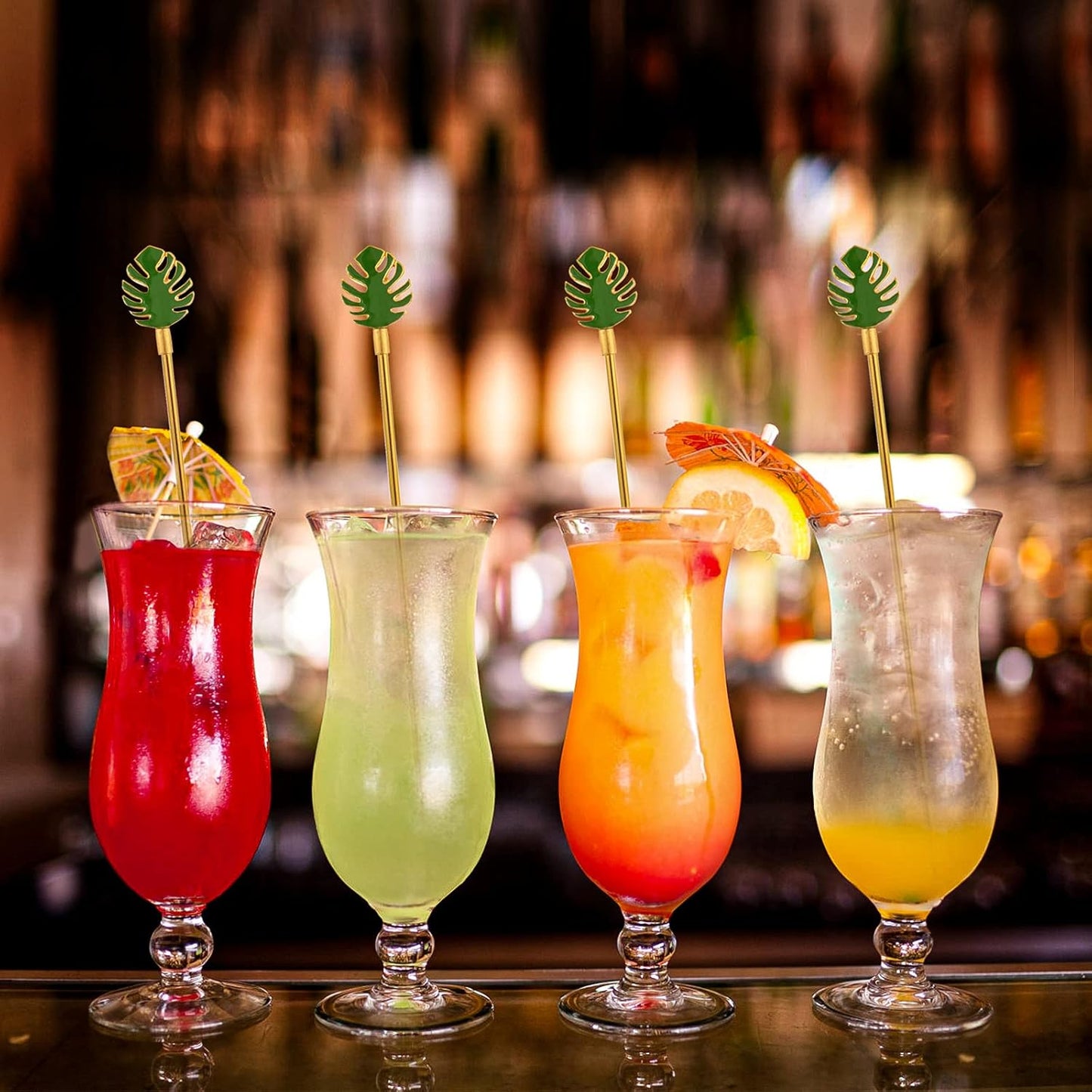 Palm leaf Drink Stirrer Sticks Stainless Steel Coffee Beverage Stirrers,Set of 4 Cocktail Swizzle Stick,7.5", Multicolor