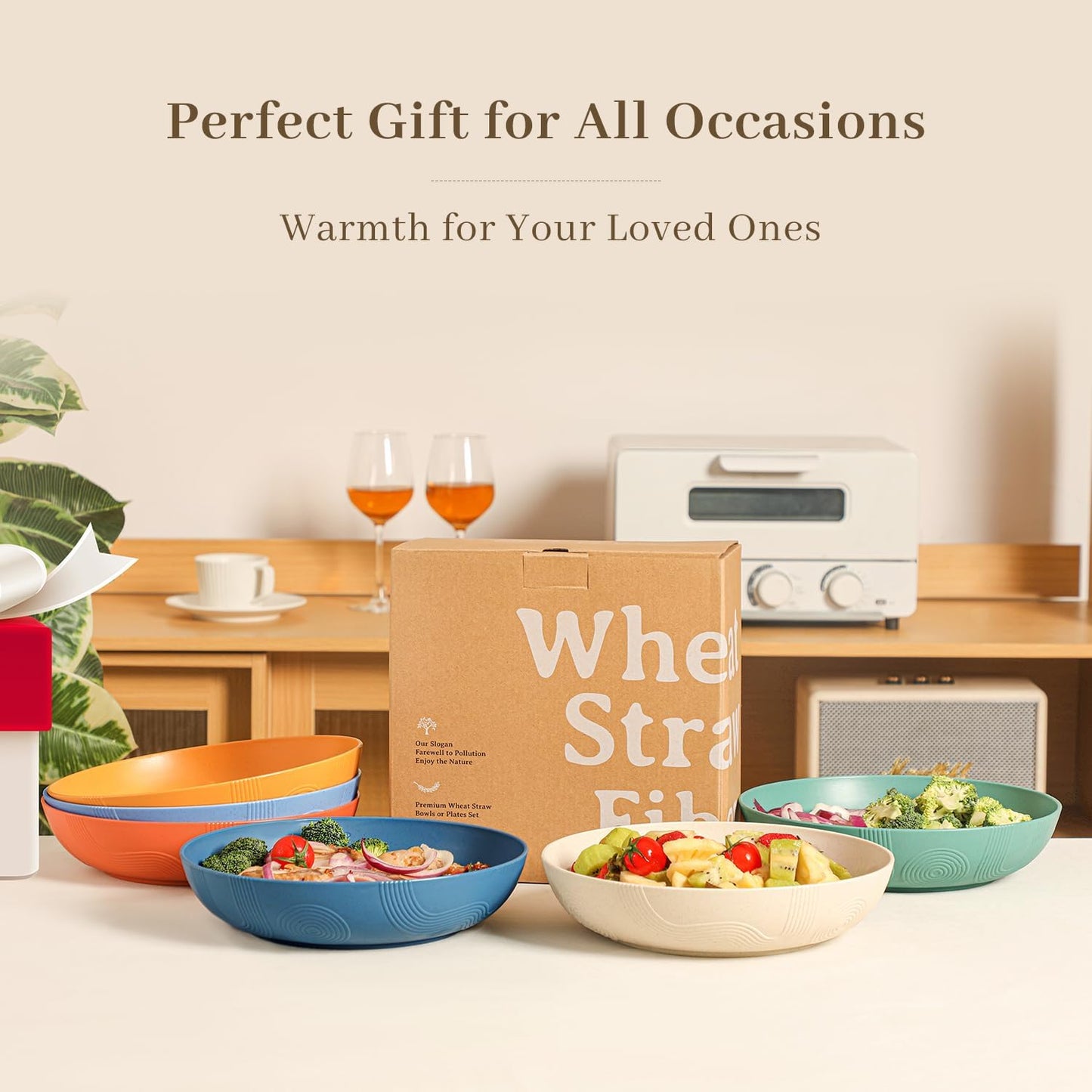 Homienly Wheat Straw Plates - 10 Inch Large Salad Bowls, Set of 6, Wide & Shallow, Microwave & Dishwasher Safe - Multi Color