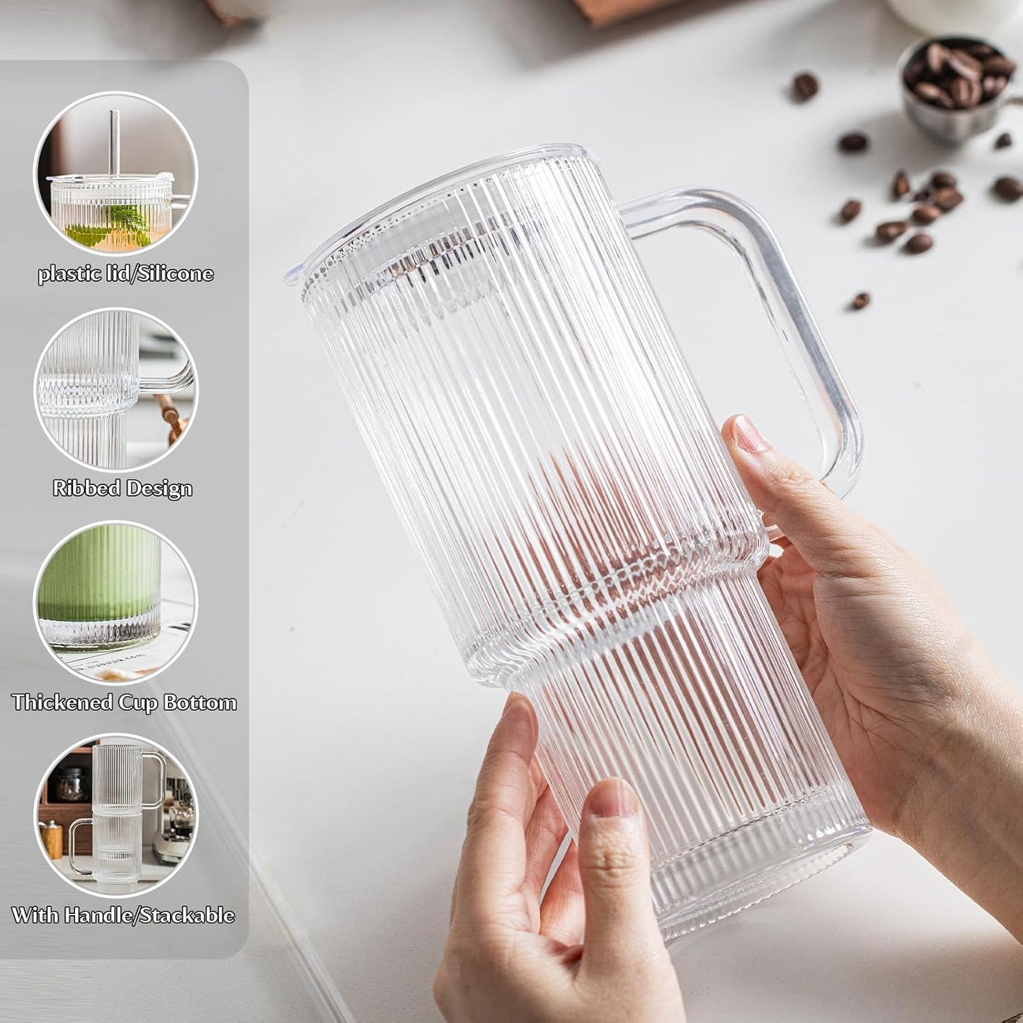 INSETLAN 26oz Ribbed Glass Tumbler with Handle & Lid – 2-Pack Large Iced Coffee Cups with Straws, Modern Glass Mug for Cold & Hot Beverages, Aesthetic Travel Cup for Smoothies, Tea, and Juice