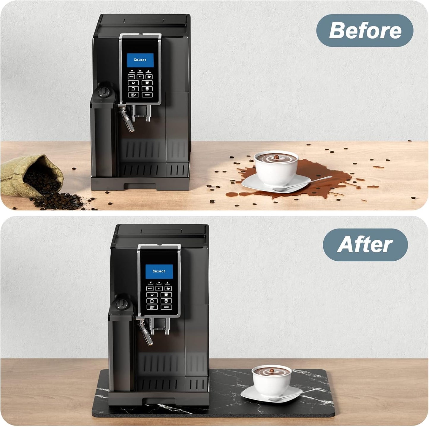 Rnivvi Coffee Mat, 12" x 19" Cute Marble Style Coffee Bar Mats for Espresso Machine Station Accessories and Organizer, Hide Stain Rubber Backed Absorbent Dish Drying Pad for Kitchen Counter, Black