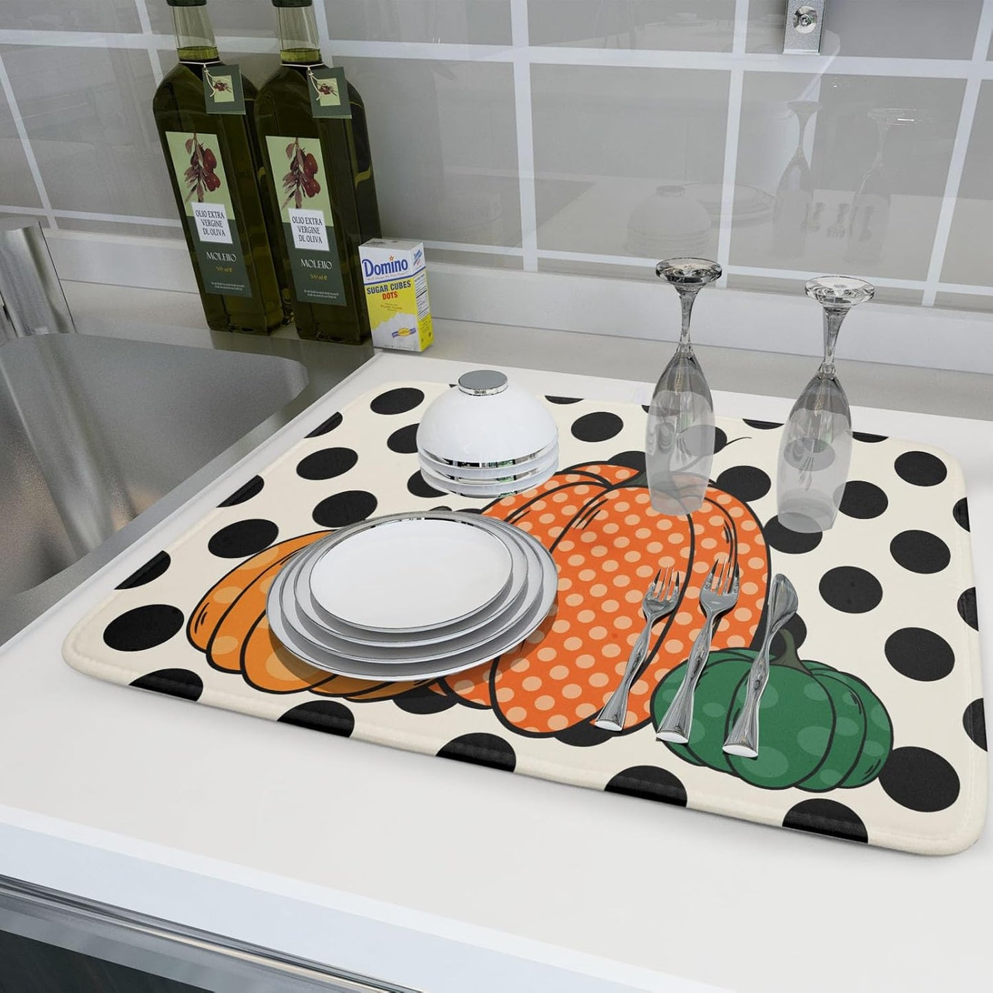 Autumn Pumpkin Dish Drying Mat for Kitchen Counter,Black Round Dot Decoration Drying Mat 18 x 24 Inch with Absorbent Reversible Microfiber Dish Drying Pad Dish Rack Drainer Mat for Coffee Bar