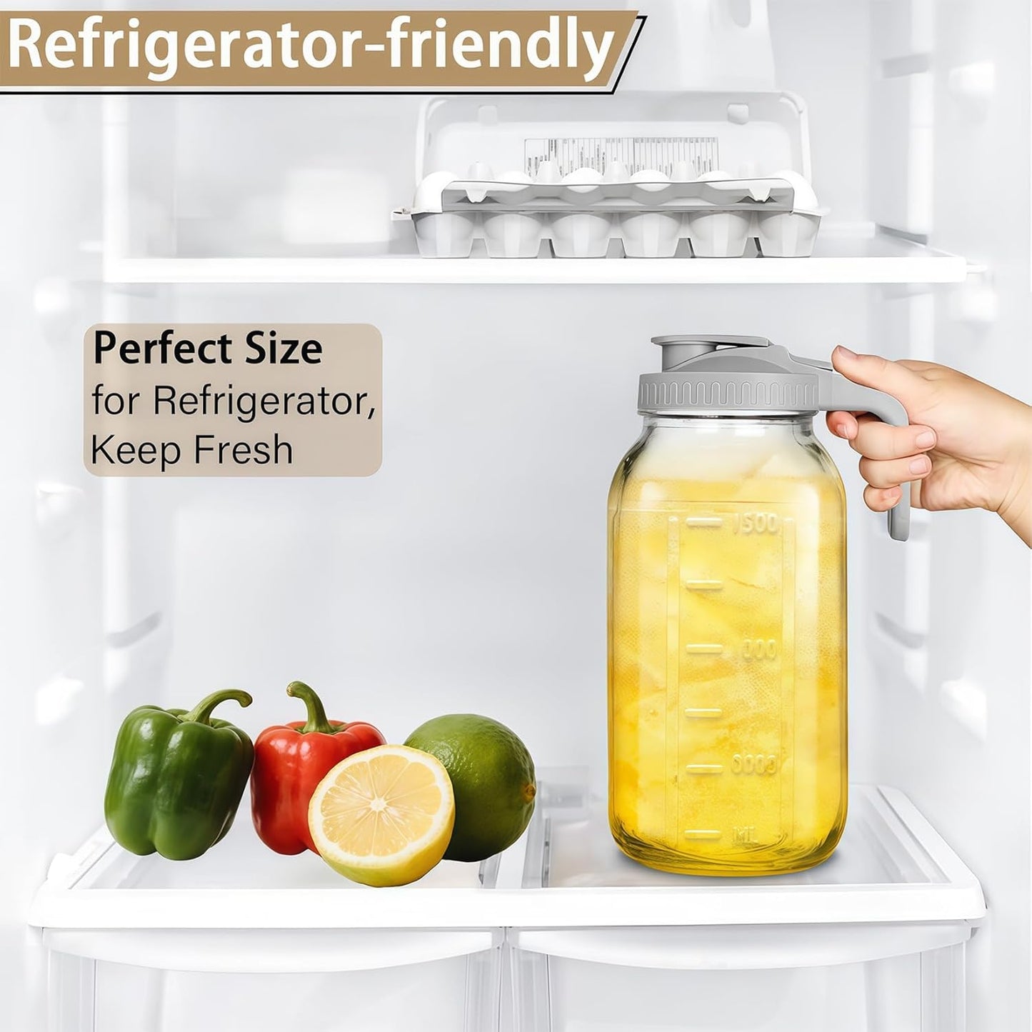 64oz Glass Pitcher with Handle and Lid, 2 Quart Mason Jar Pitcher - Airtight & Leakproof Water Jug with Pour Spout Lid, Glass Containers for Fridge, Perfect for Juice, Cold Brew, Iced & Sun Tea