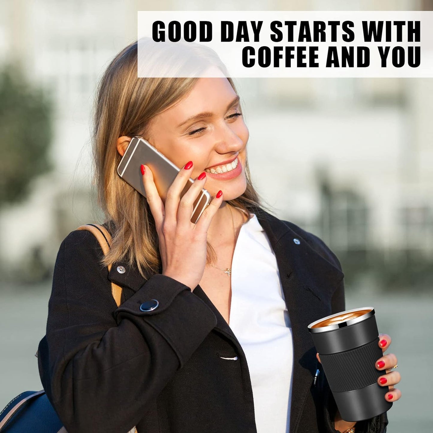 Sabary 4 Pack 16 oz Bulk Travel Coffee Mug with Lid Reusable Vacuum Insulated Coffee Tumbler Double Wall Thermal Stainless Steel Camping Tea Cup for Christmas Winter Drinks Employee Gift(Black)