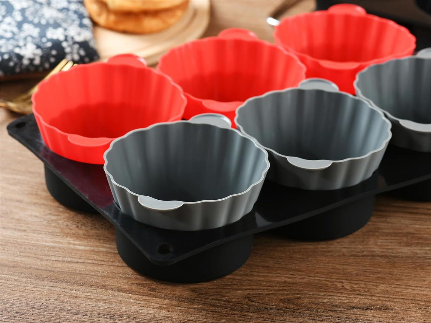12 Pack Reusable Non-stick Large Silicone Baking Cups, 3.54 Inch Jumbo Silicone Cupcake Liners, Cake Molds with Handles, Large Muffin cups, Red and Gray