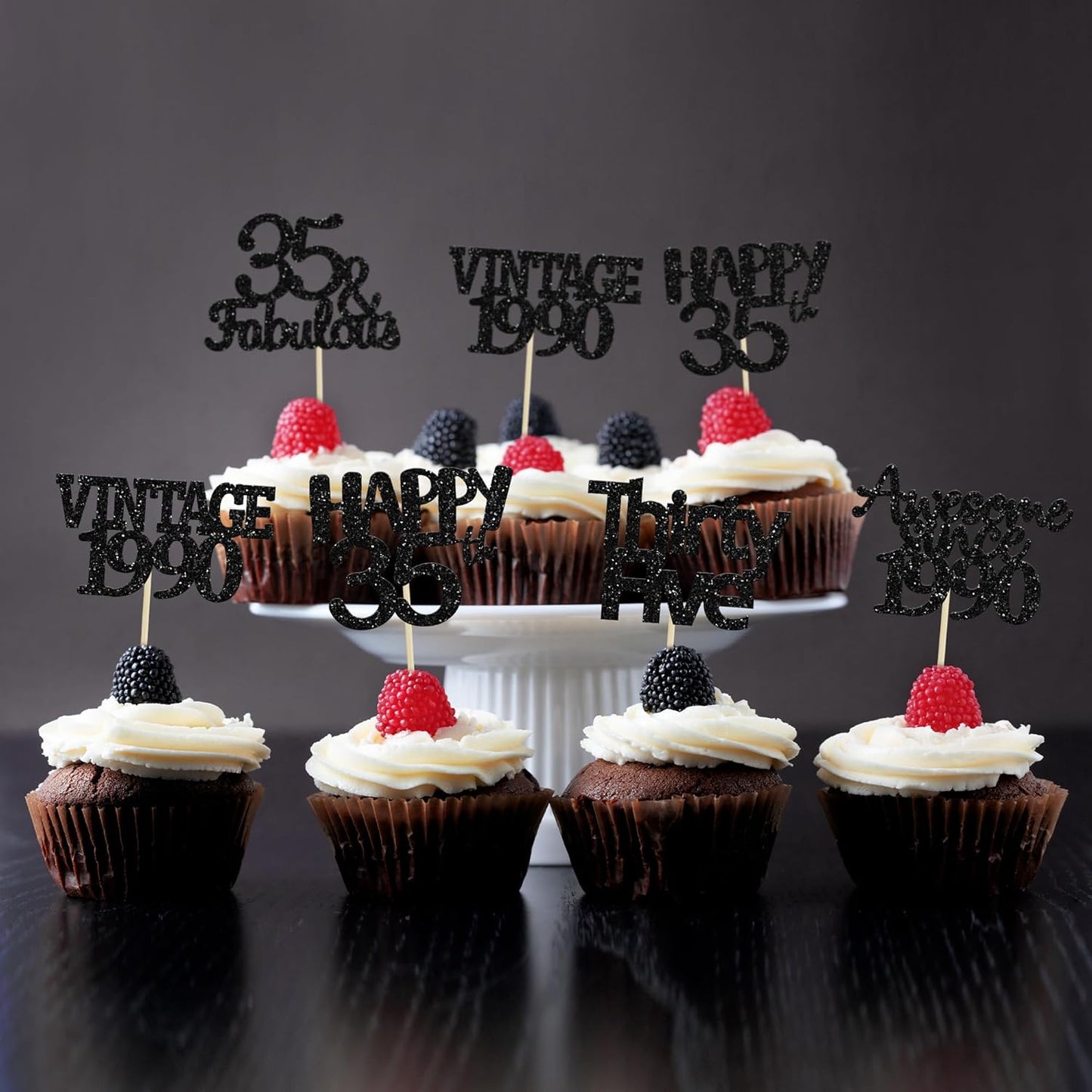 Gyufise 30 Pack Vintage 1989 Cupcake Toppers Black Glitter Thirty Five Happy 35 Cake Decorations Cheers to 35 Years Birthday Cupcake Picks 35th Birthday Anniversary Cake Decorations