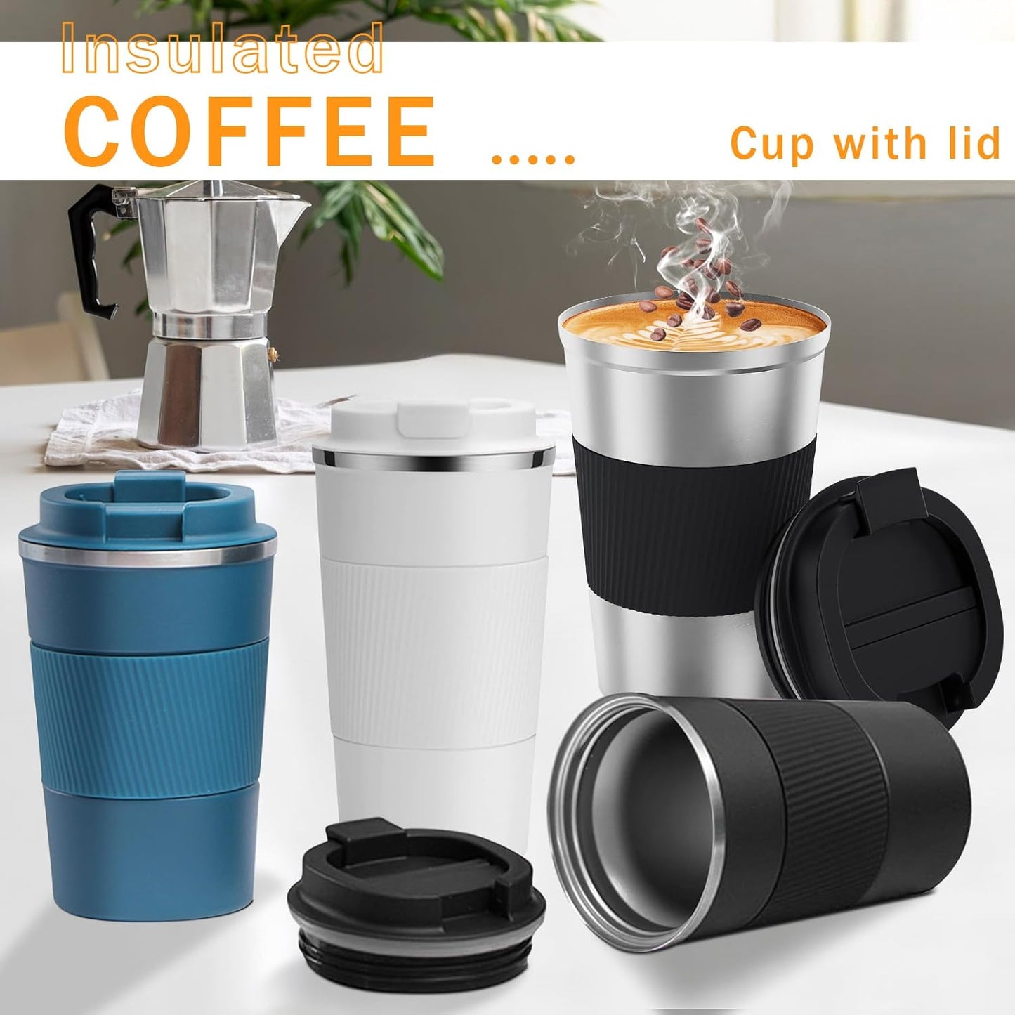 YINBAOGE Insulated Travel Coffee Mug Spill Proof Leak Proof Pobtable To Go Camping Stainless Steel Coffee Tumbler Reusable Coffee Cups with Lids Thermos for Hot and Cold Drink (Silver black, 17 OZ)