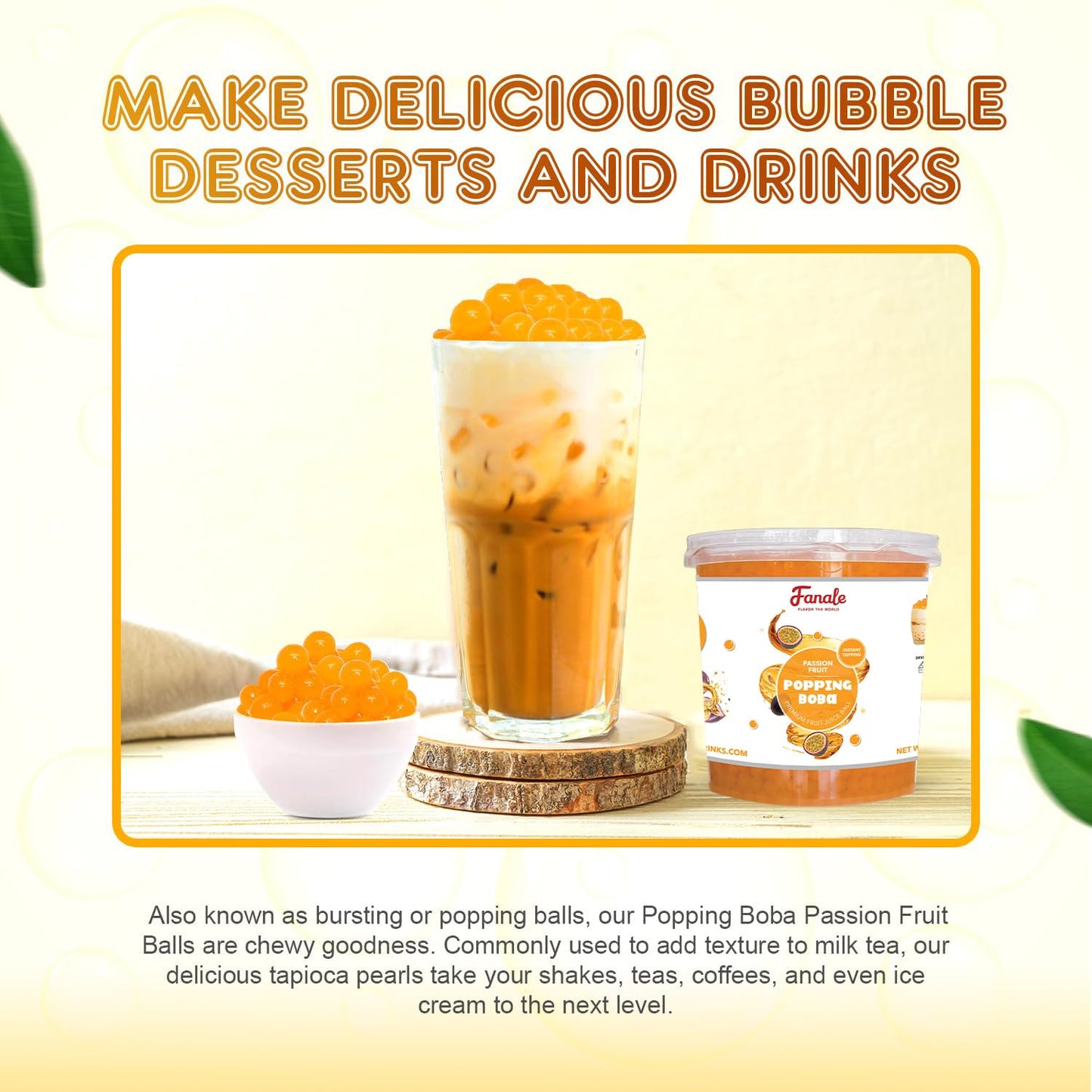 Fanale Passion Fruit Popping Boba Pearls, Vegan, Non GMO, Gluten Free, Fat Free, Perfect for Bubble Tea, Smoothies, Ice Cream, Desserts, and Beverages.