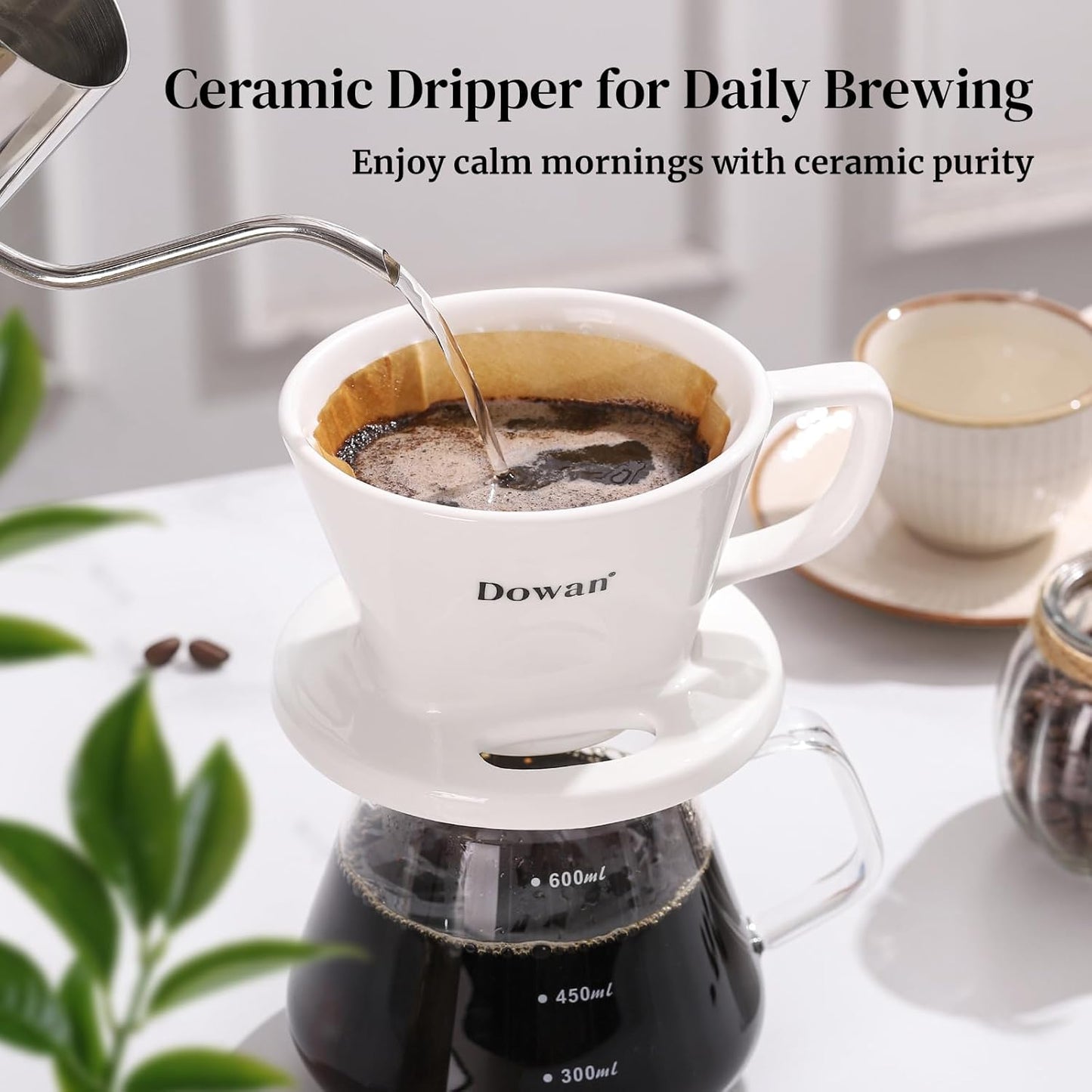 DOWAN Pour Over Coffee Maker, Non-Electric Pour Over Coffee Dripper with Open Base Design, Manual Brew Maker, Single Cups Porcelain Slow Brewing Accessories for Gifts, White