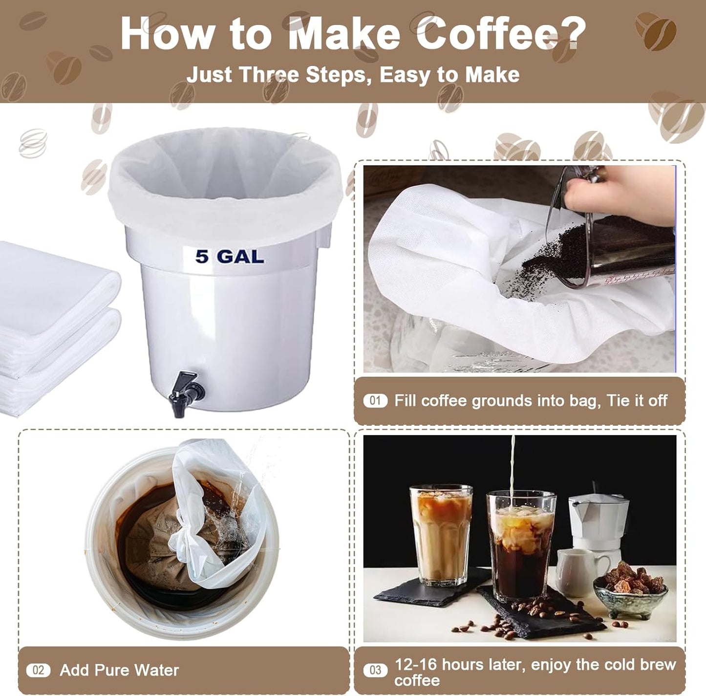 100 Pack Commercial Cold Brew Coffee Filters for 5 Gallon Buckets, 20" X 20" Commercial Cold Brew Bags for Commercial Model Cold Brew Coffee Makers, Brew Up To 5 LBS Coffee