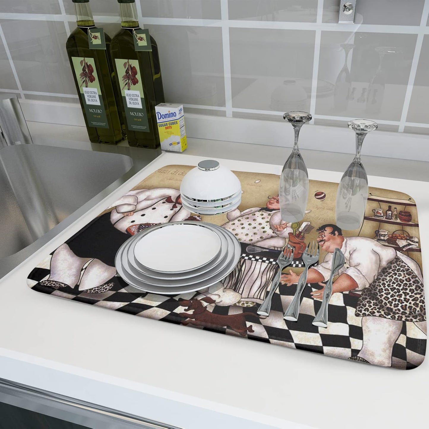 Fat Chef Dish Drying Mat For Kitchen Counter 18x24 Inch Microfiber Absorbent Drying Pad Chef Kitchen Drying Mat Dishes Pad Dish Drainer Rack Mats For Coffee Bar Decor Mats