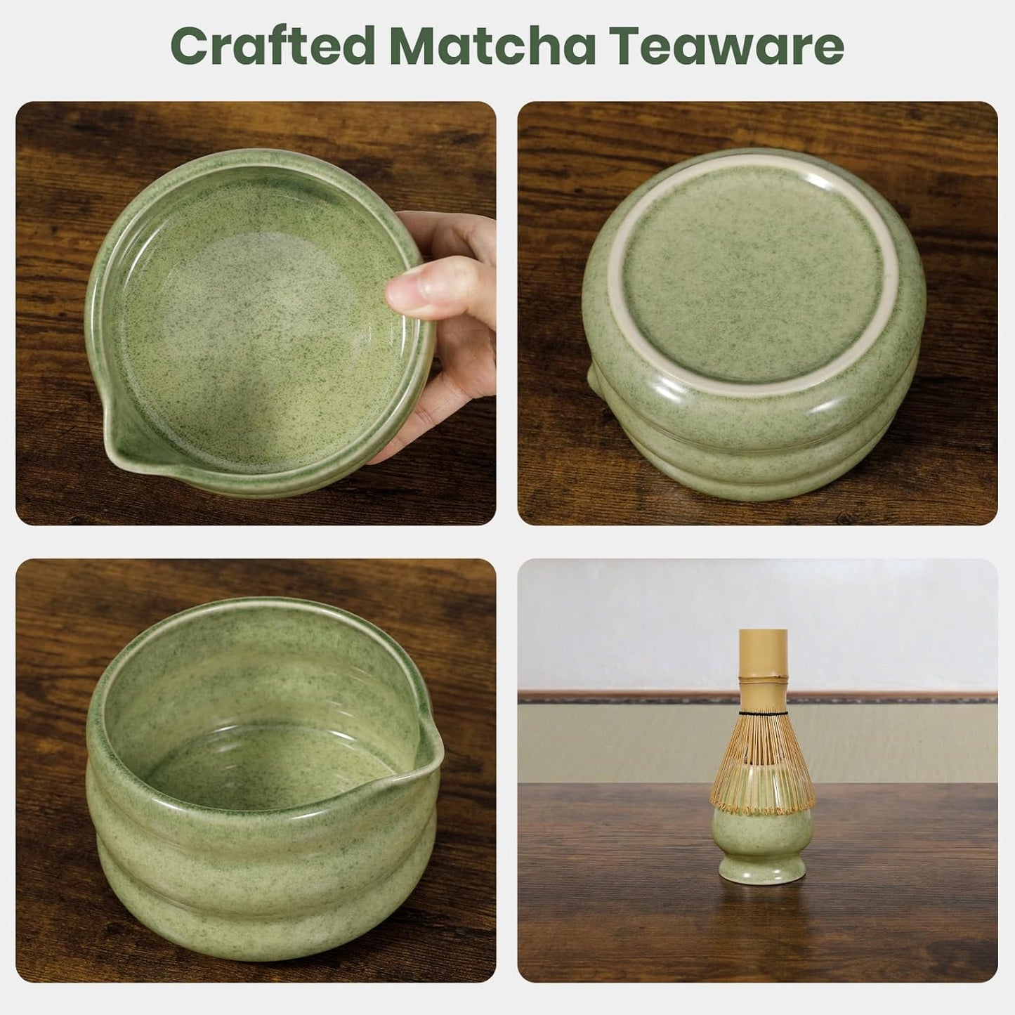Matcha Whisk Set 7pcs, Japanese Macha Making Kit - 17oz Bowl with Spout, Bamboo Whisk, Chasen Holder, Scoop, Scoop Rest, Stainless Steel Sifter & Towel, Tea Gift Tools for Starter & Enthusiasts, Green