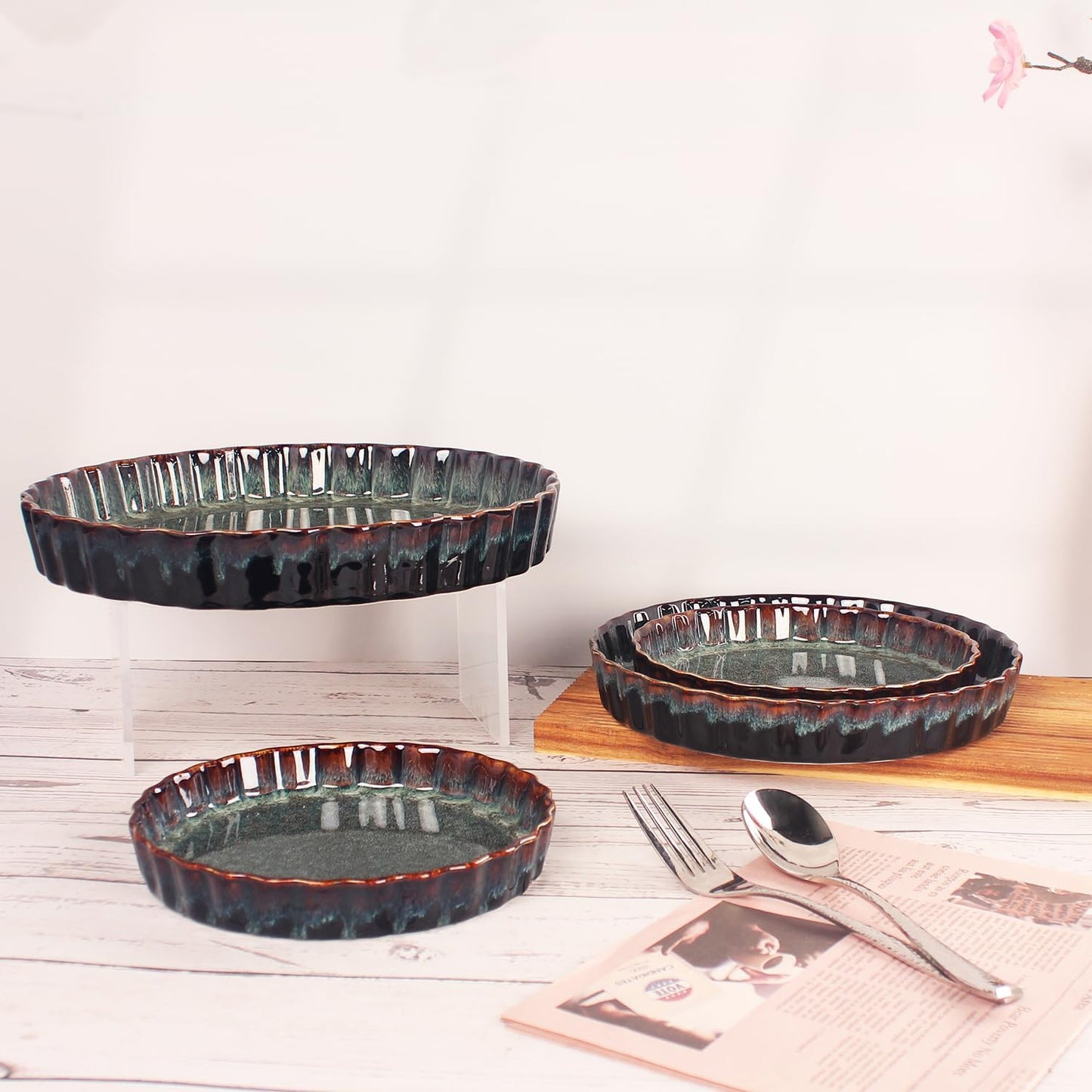 Ceramic Pie Pan Quiche Baking Dish, 11 Inch Round Ruffled Edge Au Gratin Baking Dishes, 1.4 Quart Non-Stick Pie Dish, Tart Pan, Pie Plate for Apple, Oven, Dishwasher and Microwave Safe