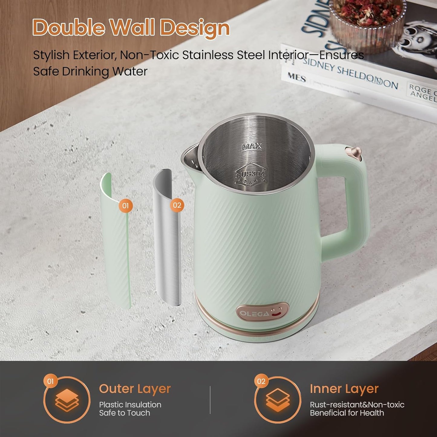 OLEGA Electric Kettle - 1500W Electric Tea Kettle 1.8L Stainless Steel Inner Electric Kettles for Boiling Water Auto Shut Off Boil-Dry Protection Electric Water Kettle for Coffee Tea Green