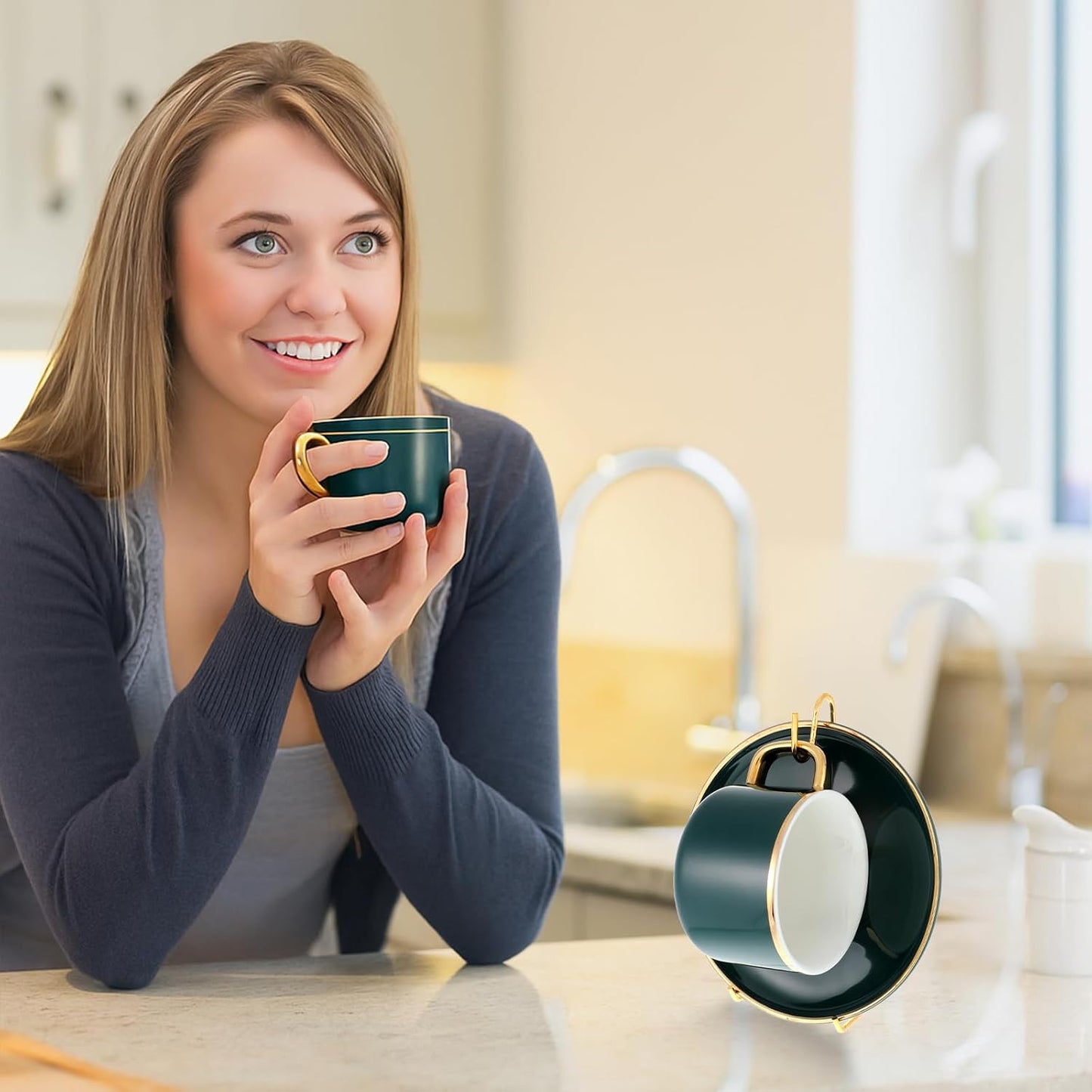 Vin Beauty 8Pcs Teacup Holder Display Stand Tea Cup and Saucer Display Stand Holder Metal China Coffee Mug Cup Storage Organizer 6.22 X 2.44 Inches Gold Metal Teacup Hanger Tray Rack for Plate Teapot