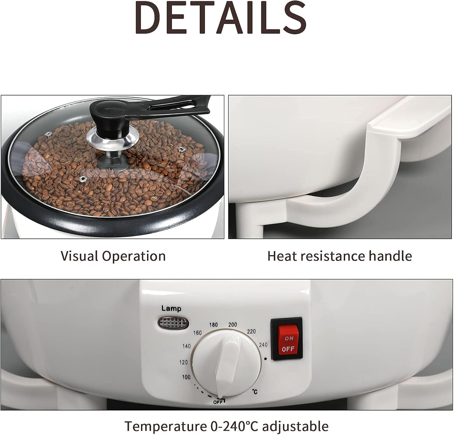 DIYAREA Coffee Roaster Machine for Home Use, 800g Capacity Electric Coffee Bean Roaster Machine with Timer 0-240℃ Non-Stick for Cafe Shop, Nut, Peanut, Black Bean, Soybeans 110V 1200W1