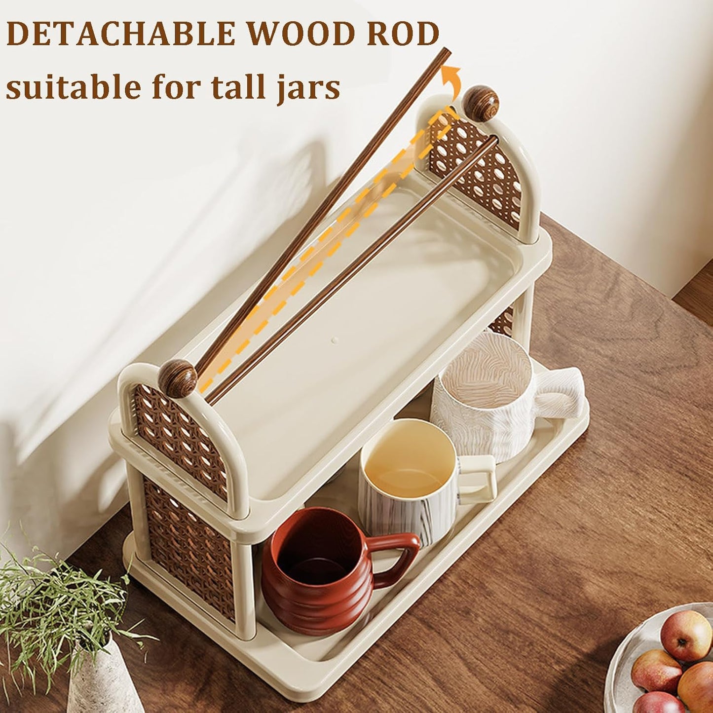 2-Tier Rattan Organizer Vintage Coffee Mug Cup Holder for Countertop Kitchen Bedroom and Living Room, Saucer Bottle Storage Kitchen Accessories (Green)