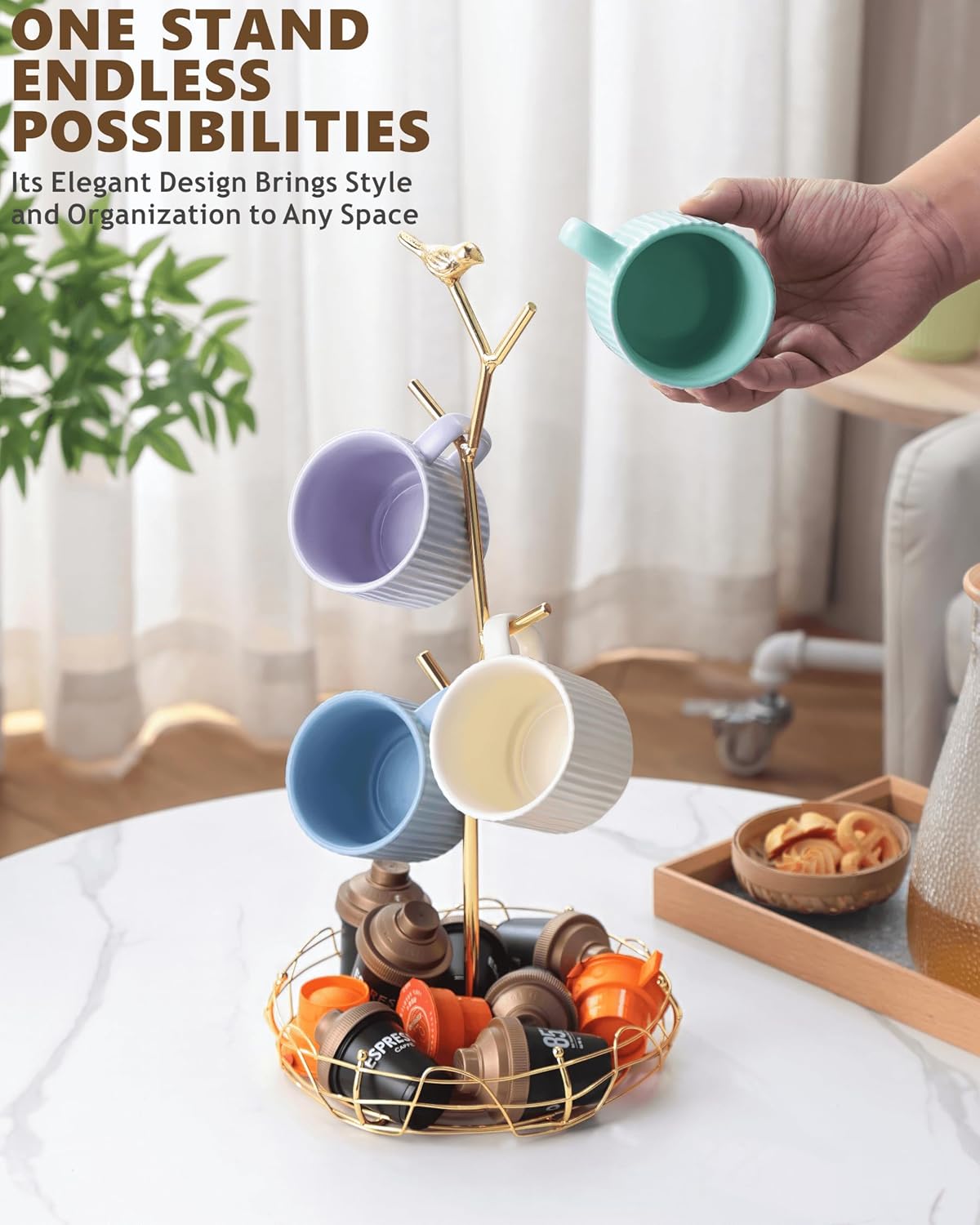 Gold Mug Holder & Mug Tree for Countertop, Decorative Bird Mug Rack for Counter Large Mugs with Nest Storage Basket, Coffee Cup Stand for Coffee Bar Accessories & Jewelry