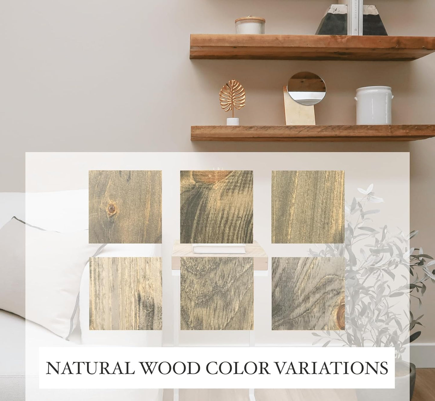 URBANDI, Rustic Floating Shelves, Set of 2, Hidden Bracket, Solid Wood, Heavy Duty, Wall Mounted Shelves, (Grey, 12Wx12D)