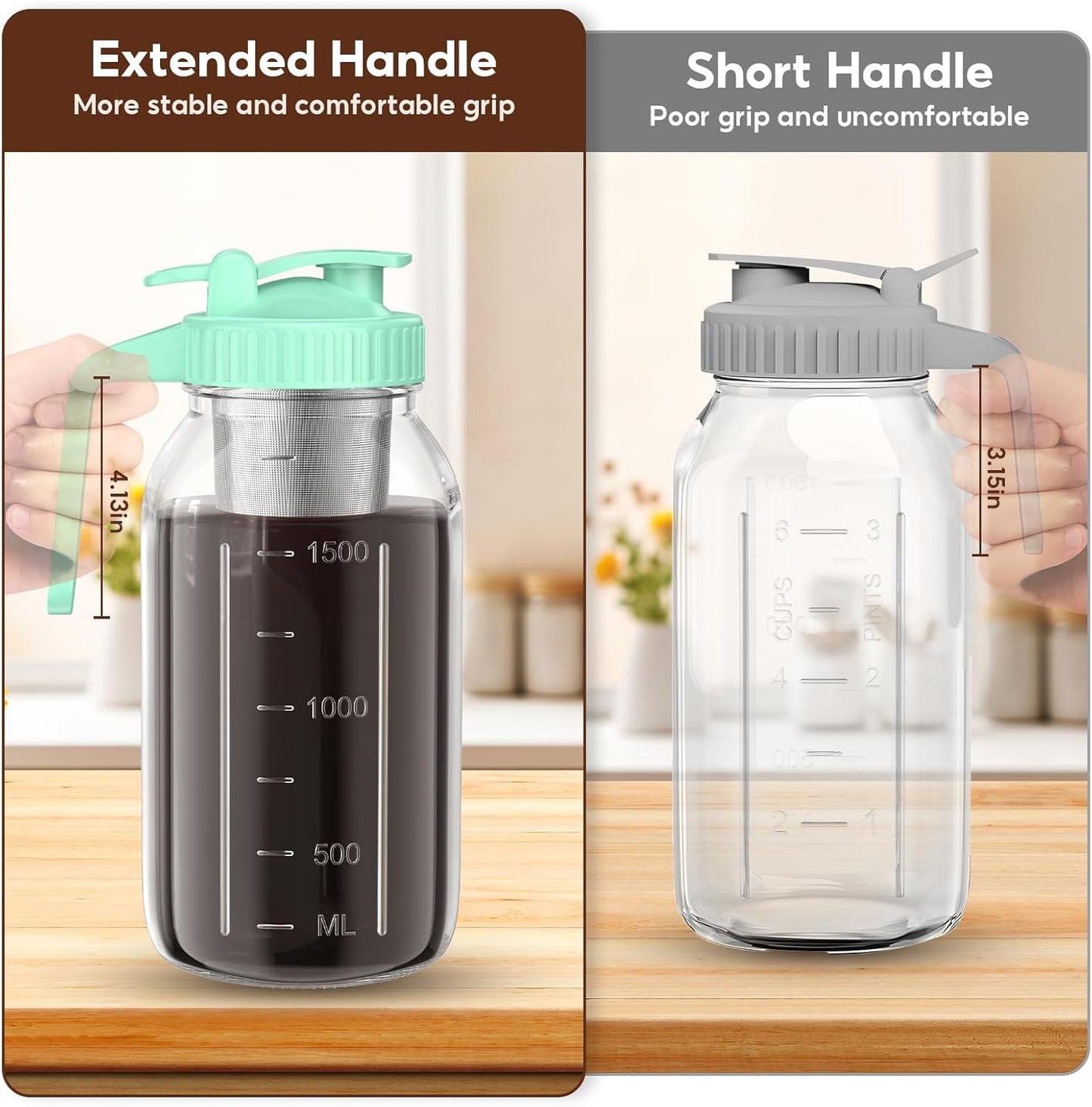 Cold Brew Coffee Maker Jar - 2 Pack 64 oz Glass Cold Brew Maker with Handle, Stainless Steel Filter & Leak-Proof Lid, Heavy Duty Cold Brew Pitcher for Iced Coffee, Sun Tea, and Milk
