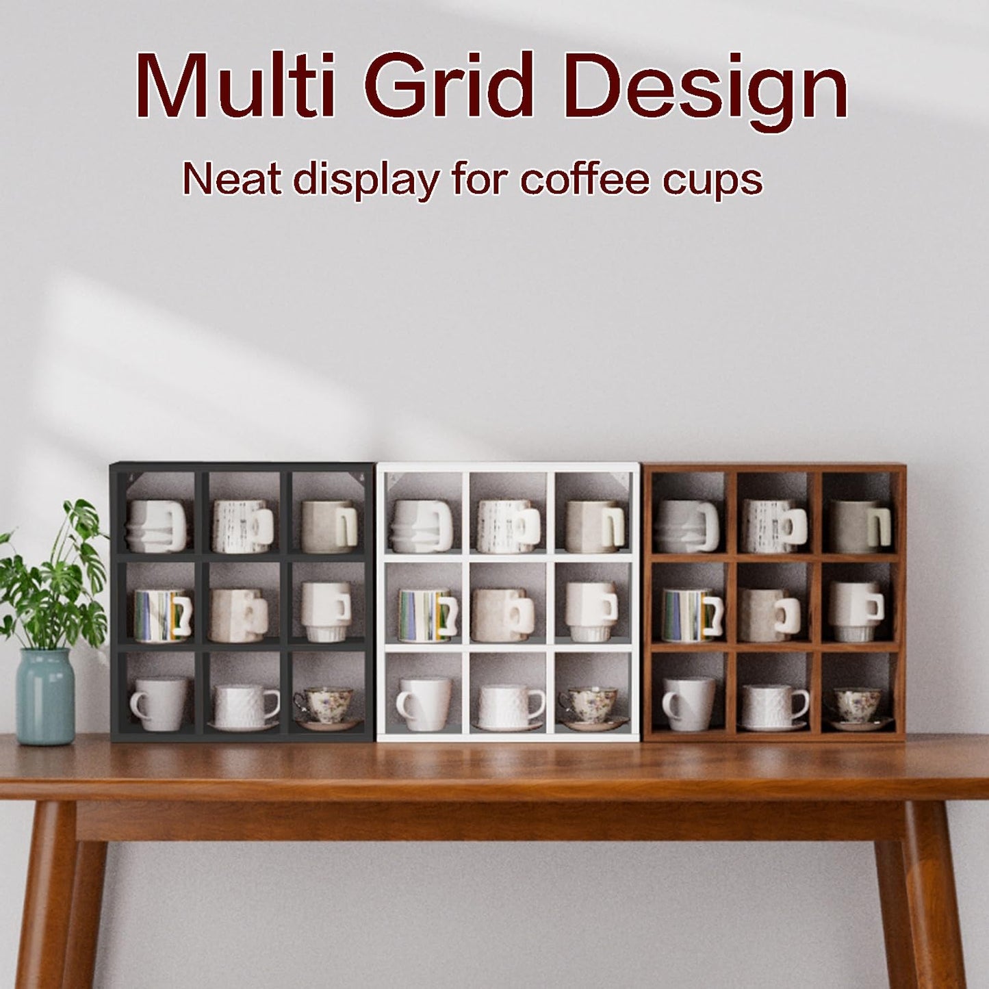 Helsin 9 Grid Vintage Coffee Mug Display Rack, 16inch Wall Mounted Wooden Curio Shadow Box Shelf, Cup Floating Shelves Display and Organizer (Black)