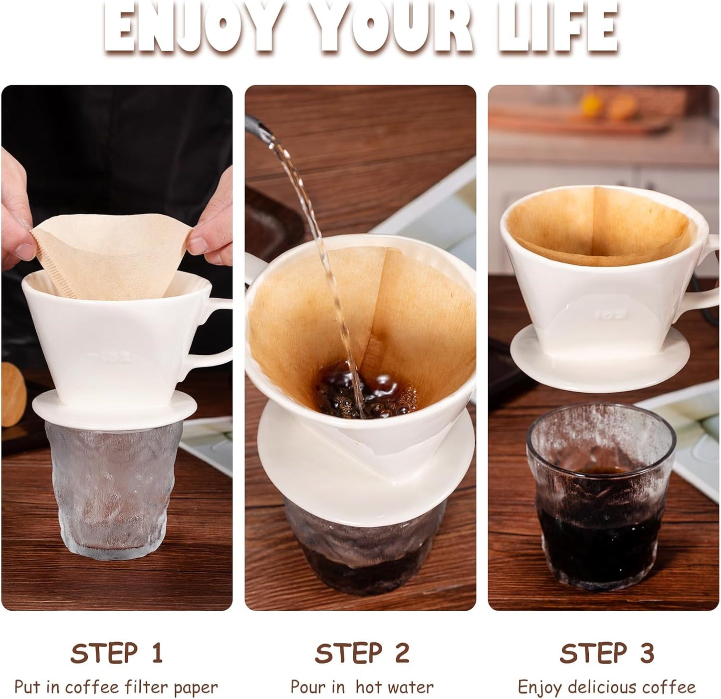 Pour Over Coffee Dripper, Ceramic Pour Over Coffee Maker with 3 Holes Flat Bottom, Easy Manual Brew Maker, Porcelain Slow Filter Cone for Travel, Camping, Office, Home, WH