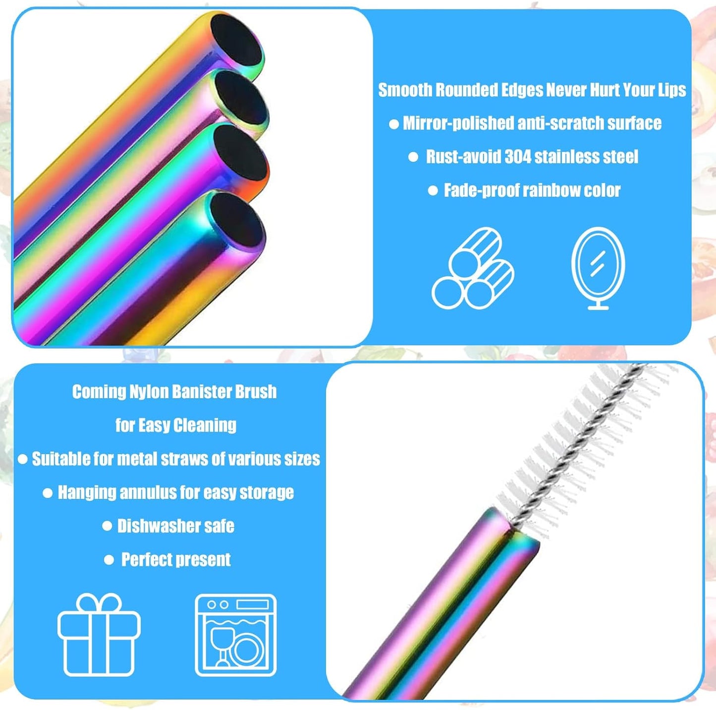 60 Pcs Color Reusable Metal Straws, Stainless Steel Drinking Straws with 60 Silicone Tip, 6 Travel Case and 12 Cleaning Brush, Suitable for 16oz and 20oz Tumblers