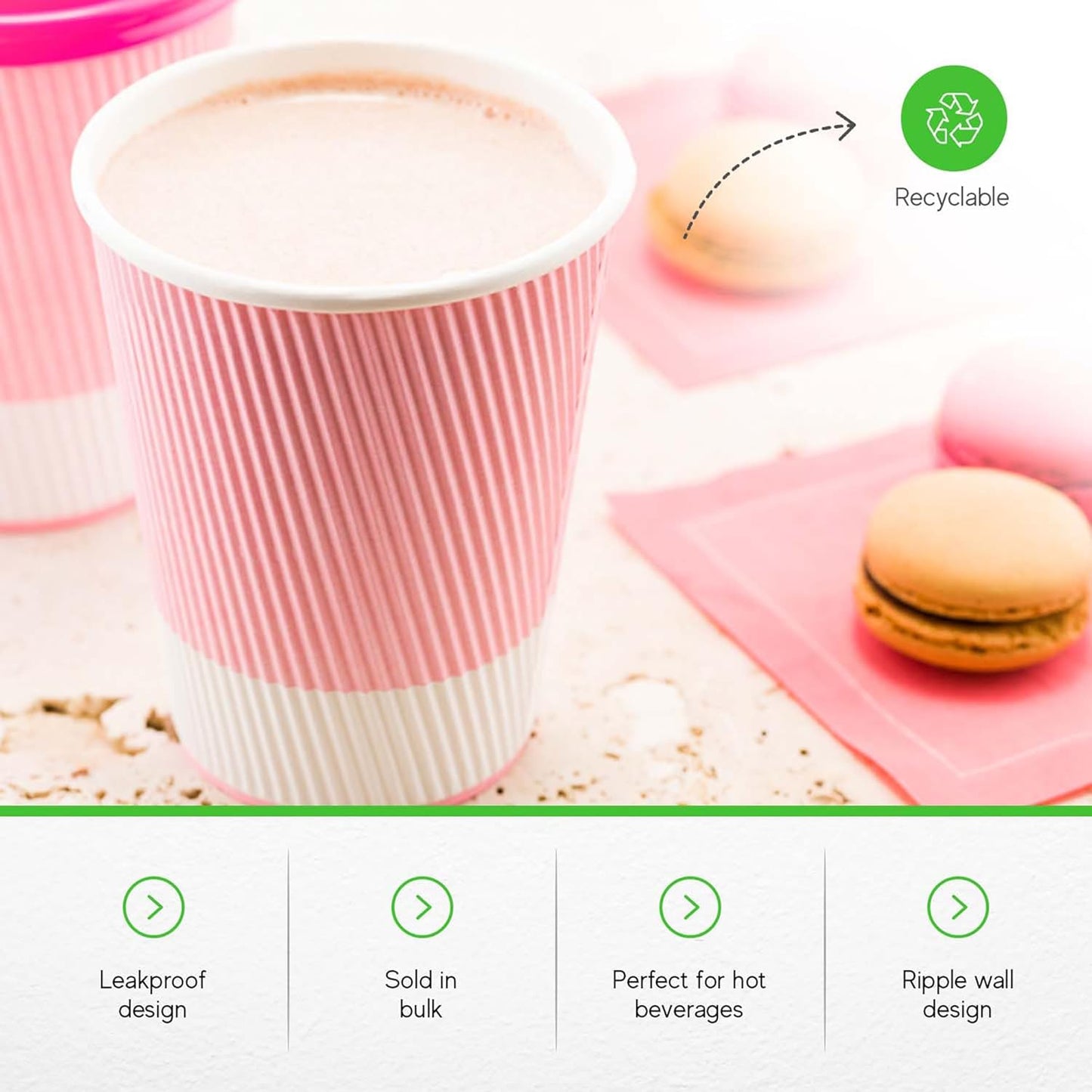 Restaurantware-12 Ounce Disposable Coffee Cups, 500 Ripple Wall Hot Cups For Coffee - Lids Sold Separately, Rolled Rim, Light Pink Paper Insulated Coffee Cups, For Hot Coffee, Tea, And More