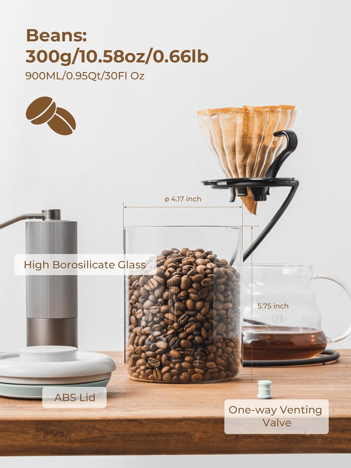 Coffee Bean Container Airtight Coffee Storage Containers Pop Up Coffee Canister High Borosilicate Glass Coffee Jar Air Tight Containers for Coffee 300g 900ml*2 Gray