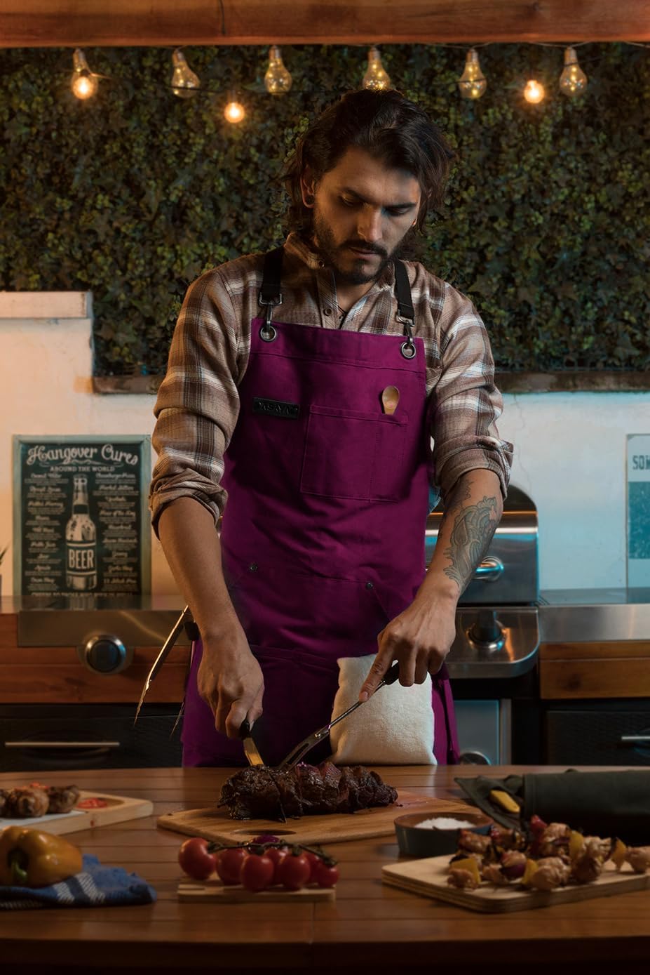 Asaya Chef and BBQ Apron with Bottle Opener and Hand Towel - 10oz Cotton Canvas, Stainless Steel Hardware - Cross Back Straps