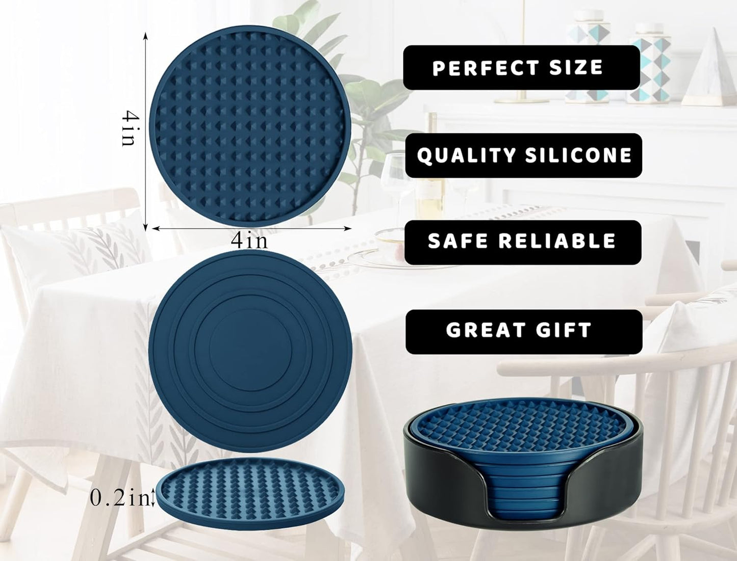Coasters for Drinks 6 Pcs Drink Coaster with Holder,Heat Resistant Silicone Cup Mat Tabletop Protection,Non-Slip Rubber Coasters for Kinds of Cups (Blue)