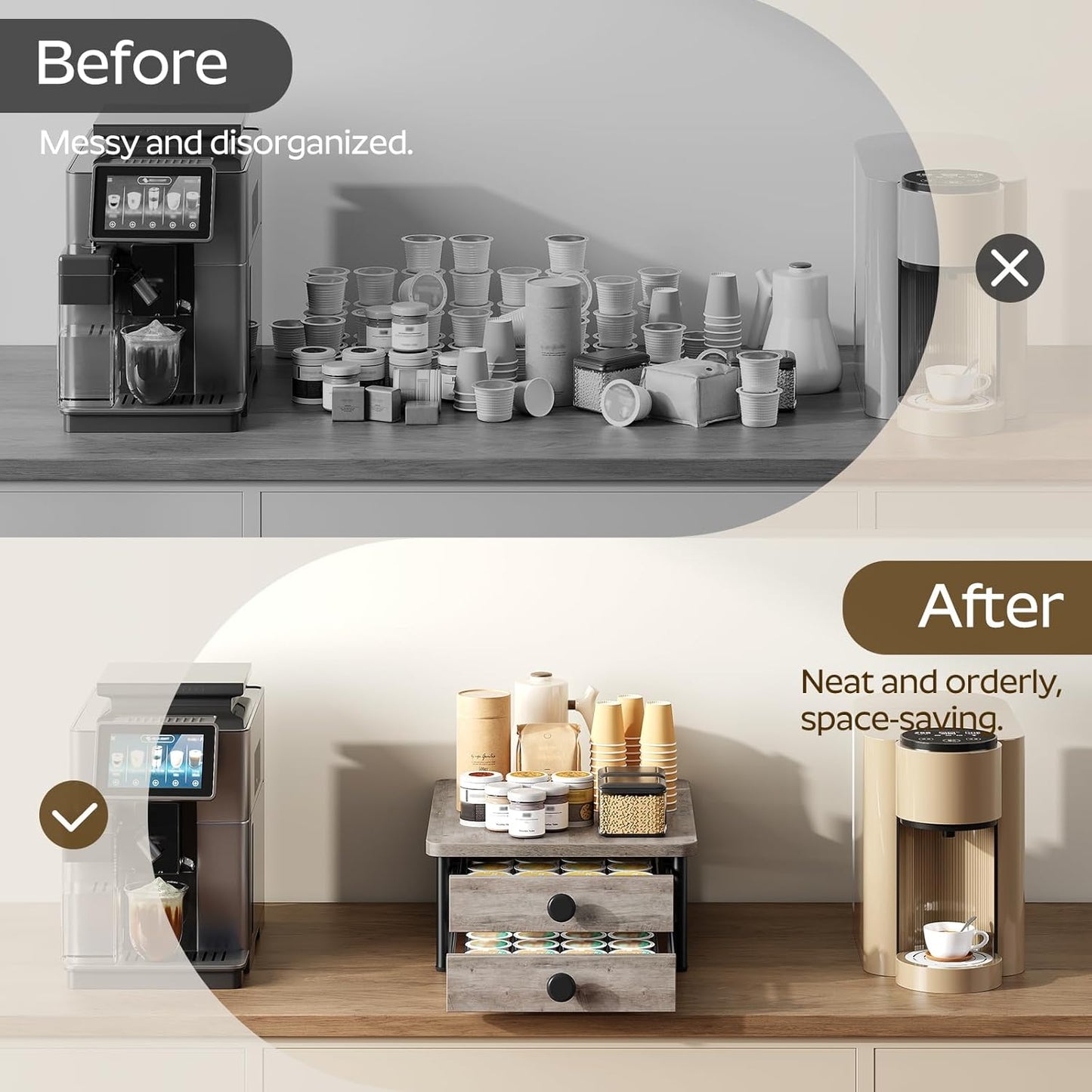 Coffee Pod Drawer Holder for K Cup, 56 Pods Capacity, 2 Tier Organizer for K Cup, Coffee Pod Organizer for Countertop, Space Saving, Easy Assembly, Greige and Black KH28BGY1