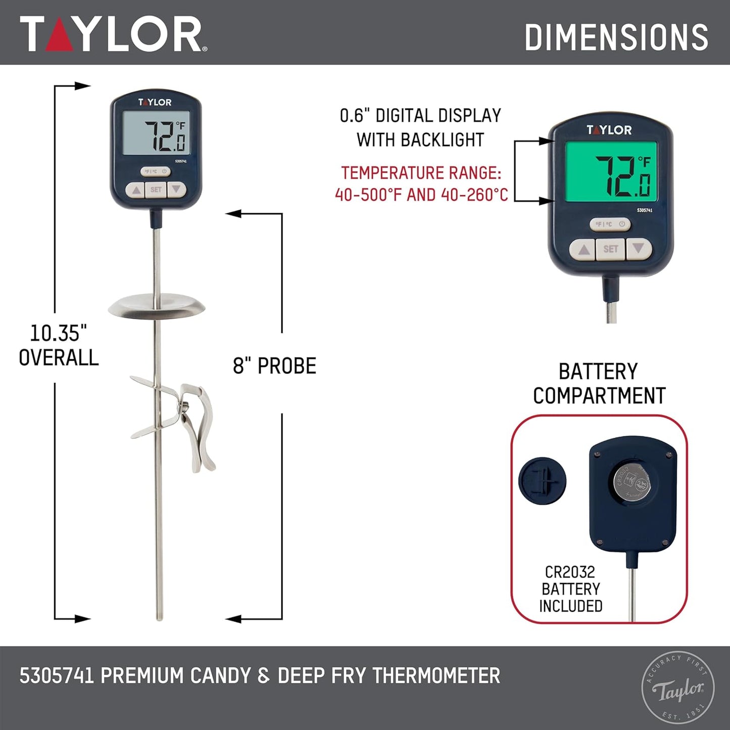 Taylor Digital Premium High Heat Resistant Candy Thermometer, Meat, Deep Fry, Brewing, and Craft Thermometer, with pan/Kettle Clip and Heat Shield, Backlit Display, and Includes 1 CR2032 Battery, Navy