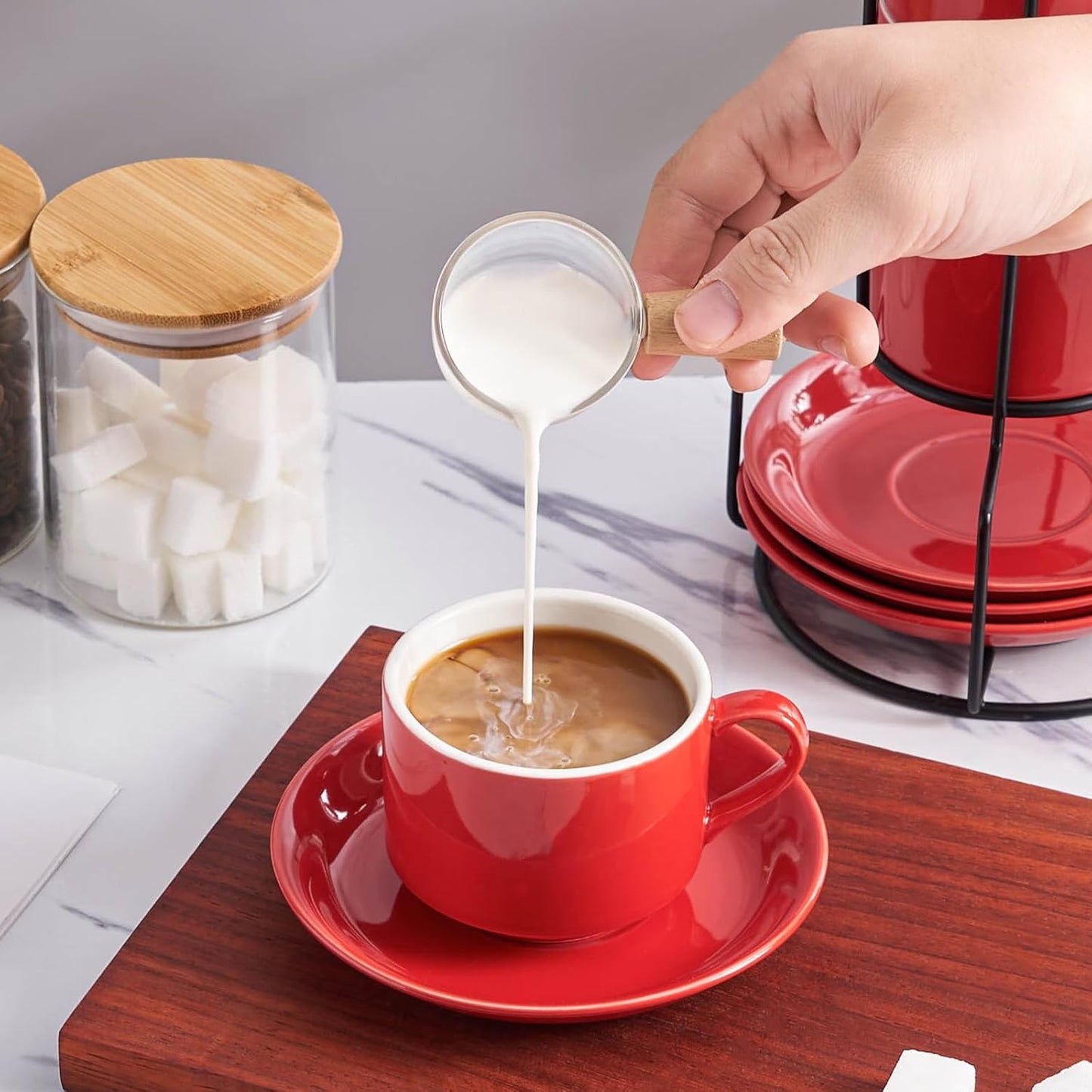 YOLIFE 8oz Porcelain Stackable Cappuccino Cups with Saucers and Metal Stand Set of 4, Coffee cups for Espresso, Specialty Coffee Drinks, Latte, Americano and Tea - Red