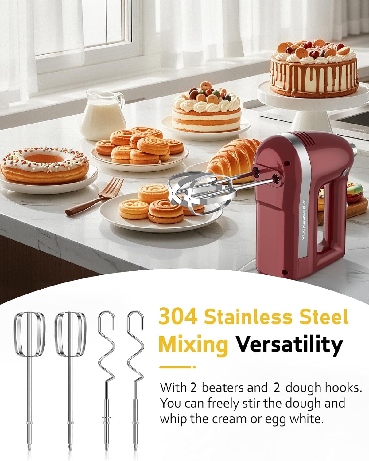 Electric Hand Mixer, Powerful 300W Hand Mixer Electric Handheld with 304 Beaters, Dough Hook, Hand Held Mixer with Turbo for Baking Cakes, Eggs, Cream Food(Red)