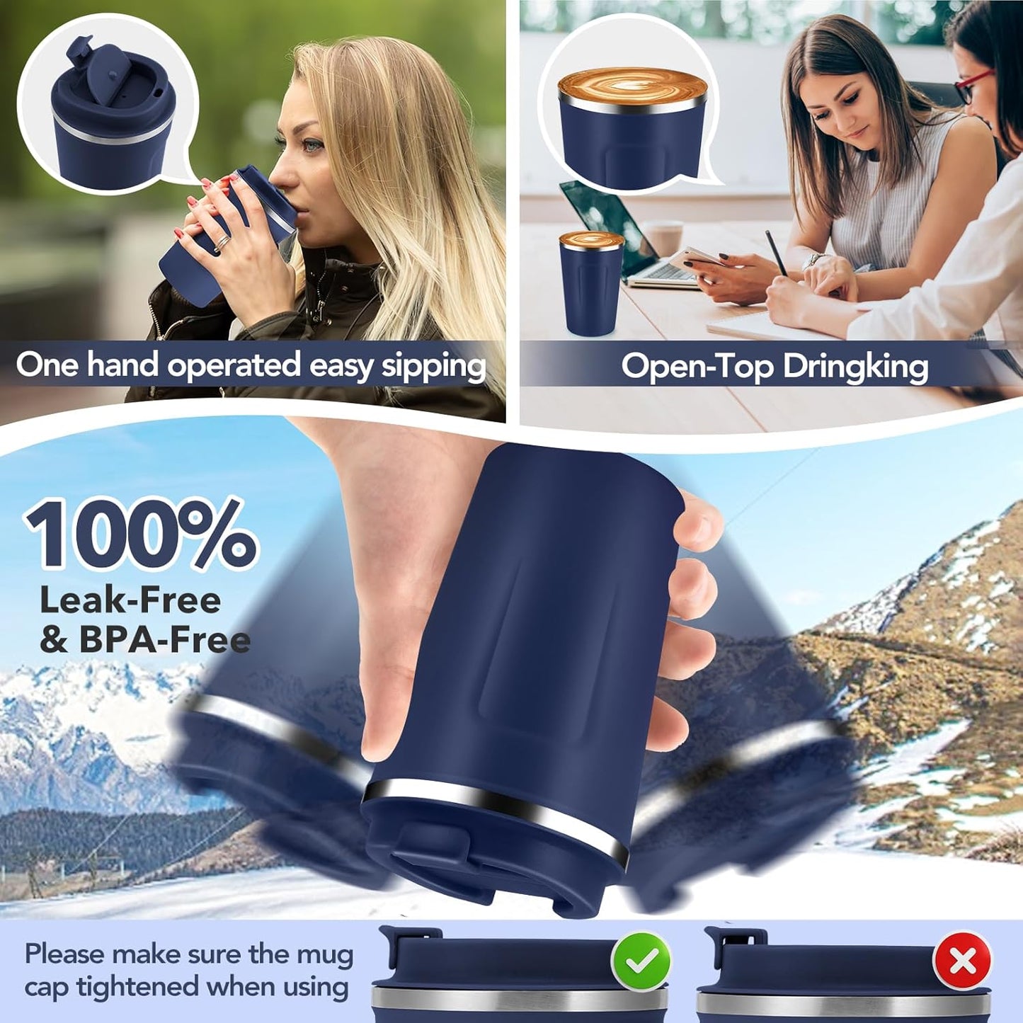 Volhoply 12 oz Double Wall Insulated Vacuum Travel Coffee Mug with Flip Lid,Reusable Stainless Steel Leak Proof Coffee Cup,Portable Iced Cafe Thermal Tumbler Suitable for Hot & Cold Drinks(Navy,1 Set)