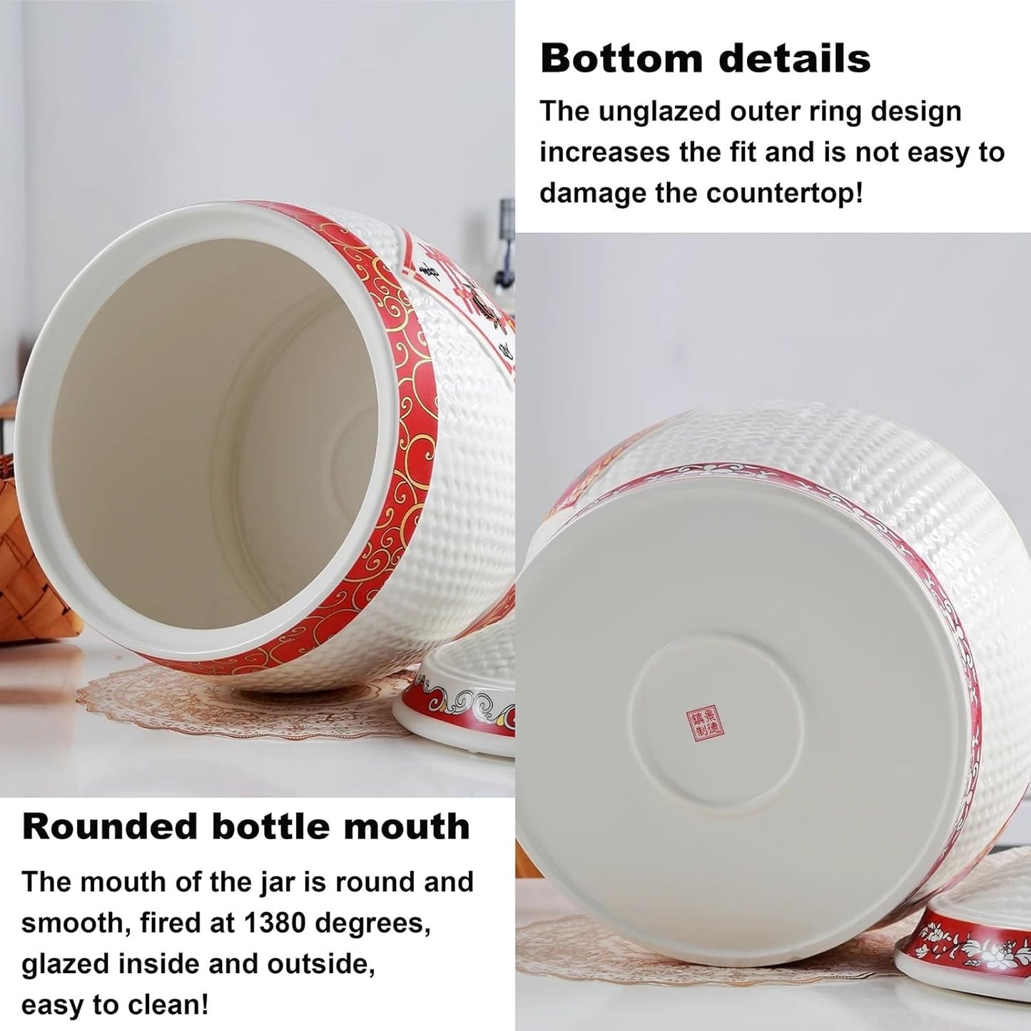 Chinese Sealed Large-Capacity Rice Pot, Ceramic Rice Bucket With Tassel Design, Grain Storage Ceramic Container, Rice Dispenser Airtight Storage Bucket For Grains Snacks Candy Coffee Beans Food(C,Capa