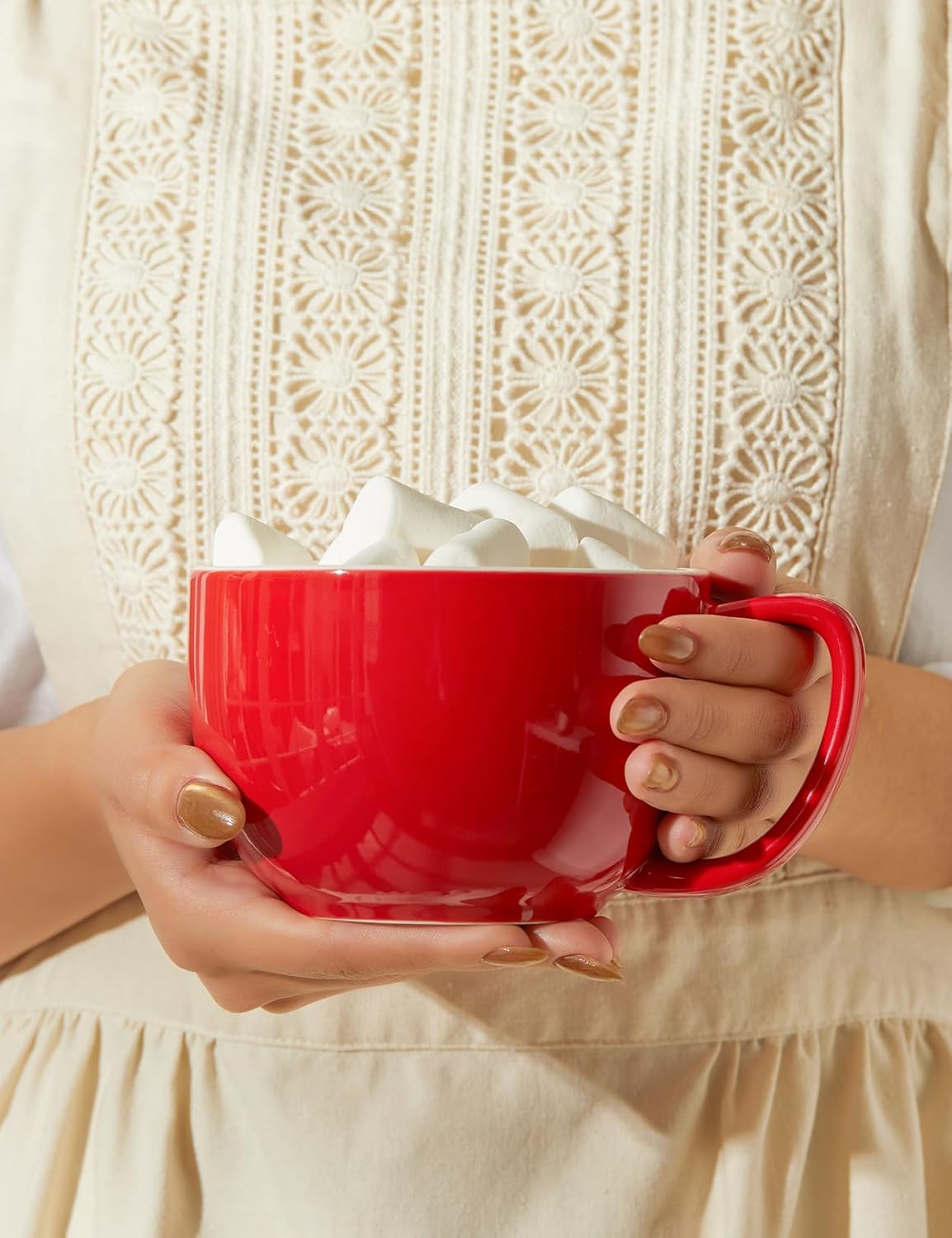 Teocera 16oz Large Coffee Mugs Set of 4 - Thick White Porcelain Cups for Cappuccino, Latte, Tea & Hot Chocolate - Dishwasher Safe Ceramic with Comfort Grip Handles (Red)