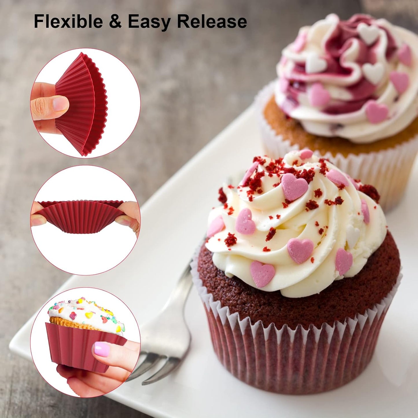 Nalchois Silicone Cupcake Baking Cups 12 Pack, Wine Red Reusable Silicone Muffin Cupcake Liners,Non-Stick Easy Release Silicone Baking Molds BPA Free for Cupcakes Muffins Pudding Tart Jelly Mousse